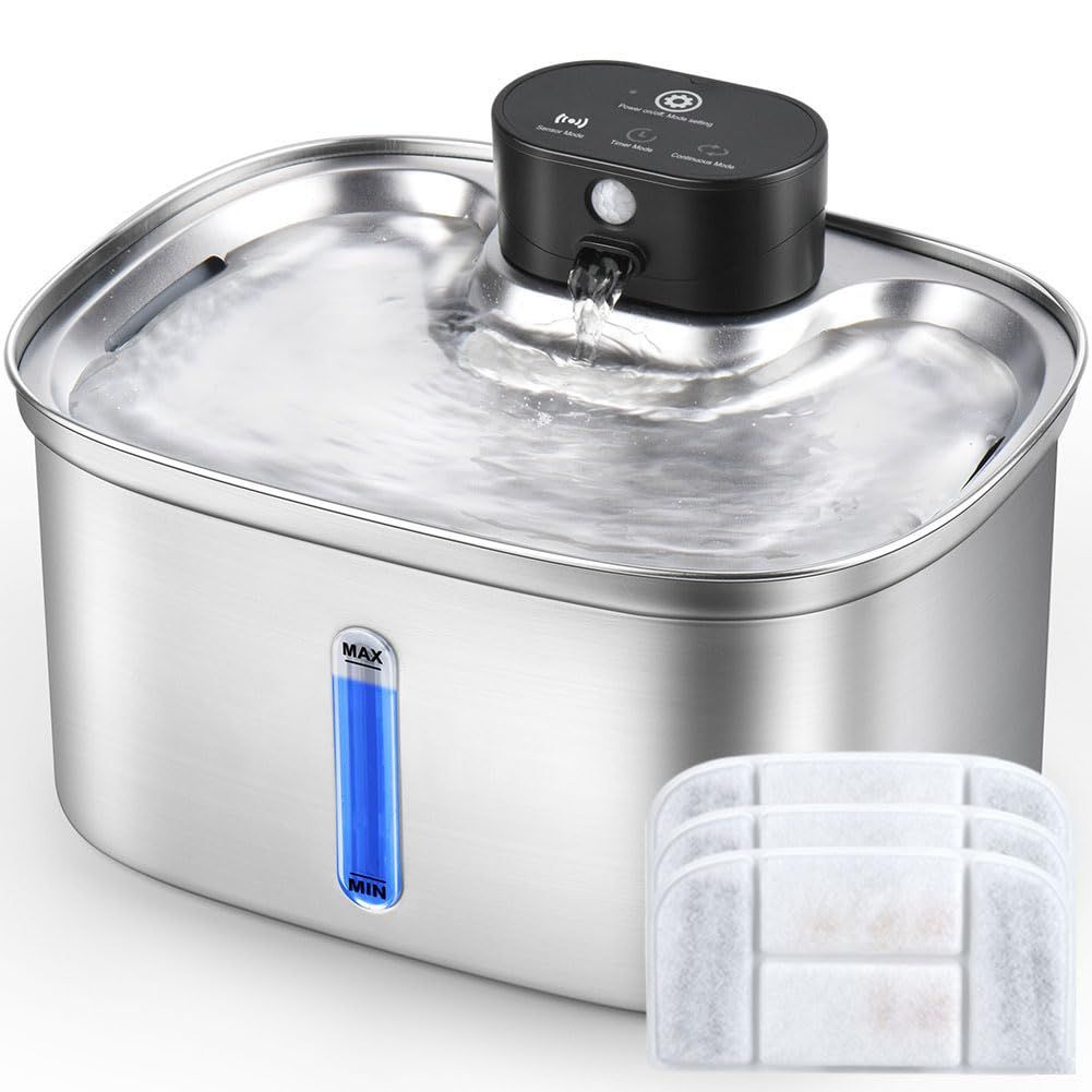 Wireless Cat Water Fountain Stainless Steel, 169oz/5L Cordless Smart Pet Water Fountain with 5000mAh Battery &amp; Ultra Quiet Pump, Automatic Pet Water Dispenser for Cats &amp; Dogs, 3 Filters