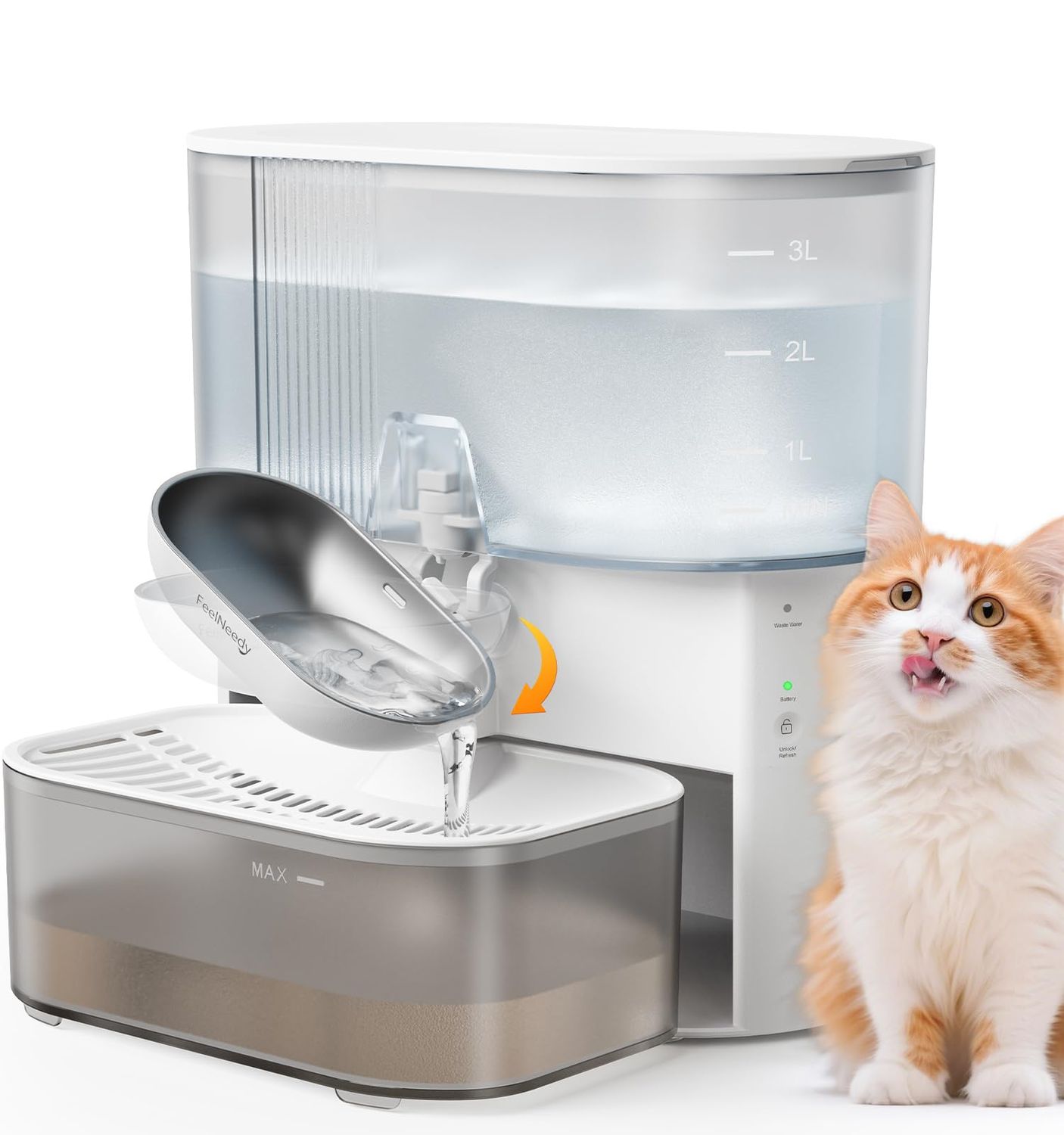 Wireless Cat Water Fountain No Filters, Wastewater Separation, FEELNEEDY Stainless Steel Bowl, 3.5L Pet Water Fountain for Cats &amp; Dogs Dispenser, White