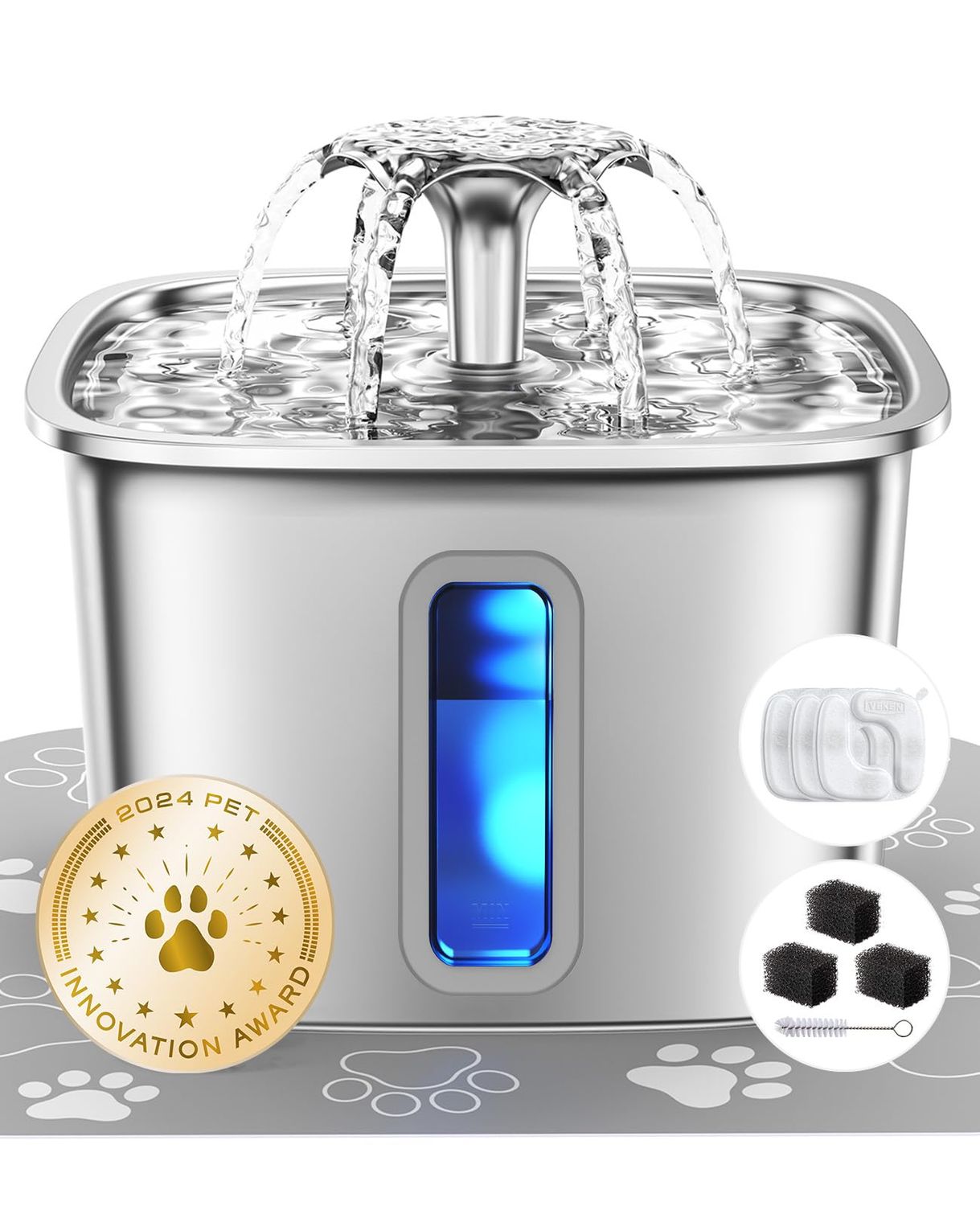 Veken Innovation Award Winner Stainless Steel Cat Water Fountain, 108oz/3.2L Automatic Pet Fountain Dog Water Dispenser with 3 Replacement Filters &amp; Silicone Mat, Gifts for Cats, Dogs (Silver)