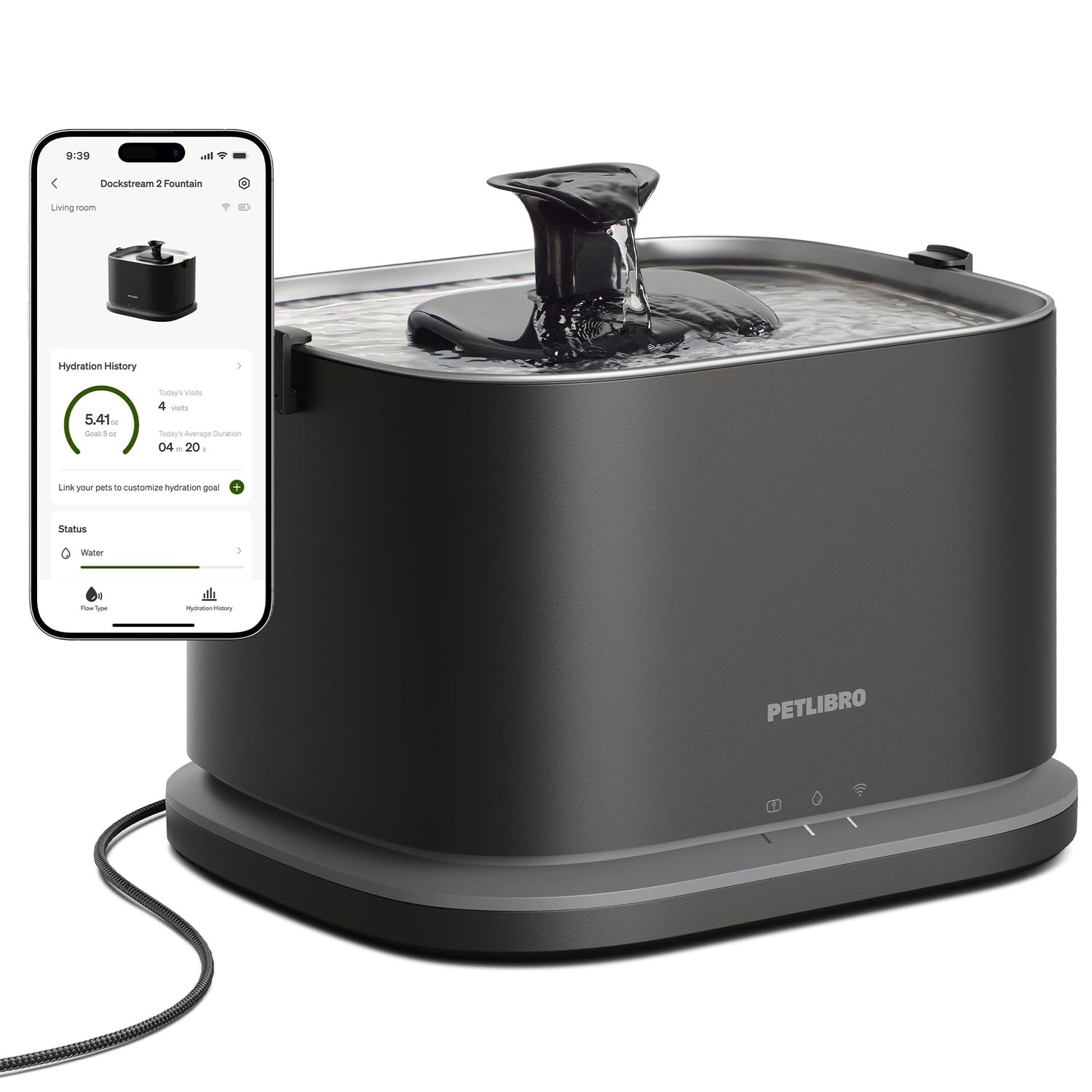 PETLIBRO Upgrade Cat Water Fountain Stainless Steel Tray, Dockstream 2 Cat Fountain Indoor, 3L/101oz Auto Cat Fountains for Drinking, App Monitoring Pet Water Fountain Dog, 5G WiFi Cat Water Dispenser