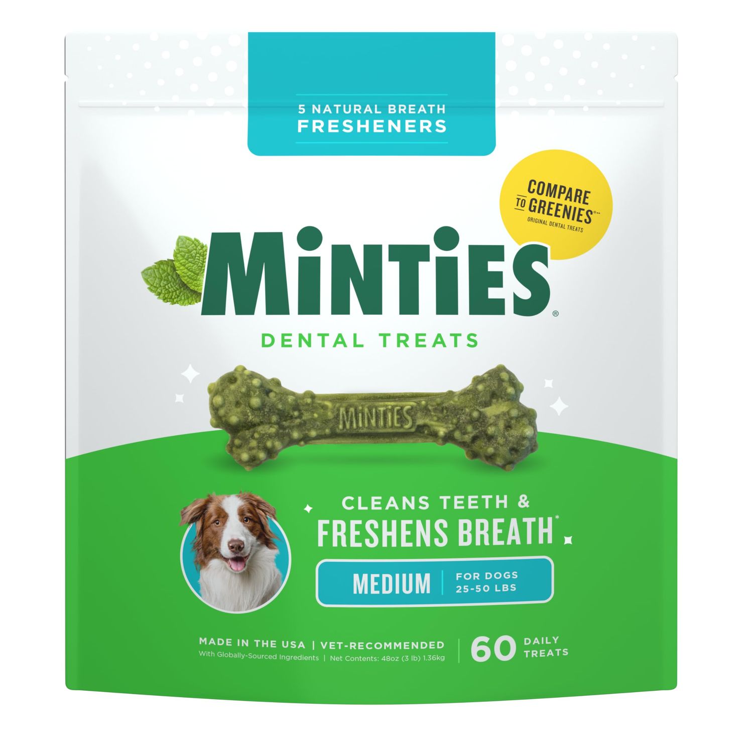 Minties Dog Dental Bone Treats, Dental Chews for Dogs 25-50 lbs, 60 Count, Brushing Chews Helps Clean Teeth and Freshen Bad Breath, Removes Plaque and Tartar, Veterinarian Recommended