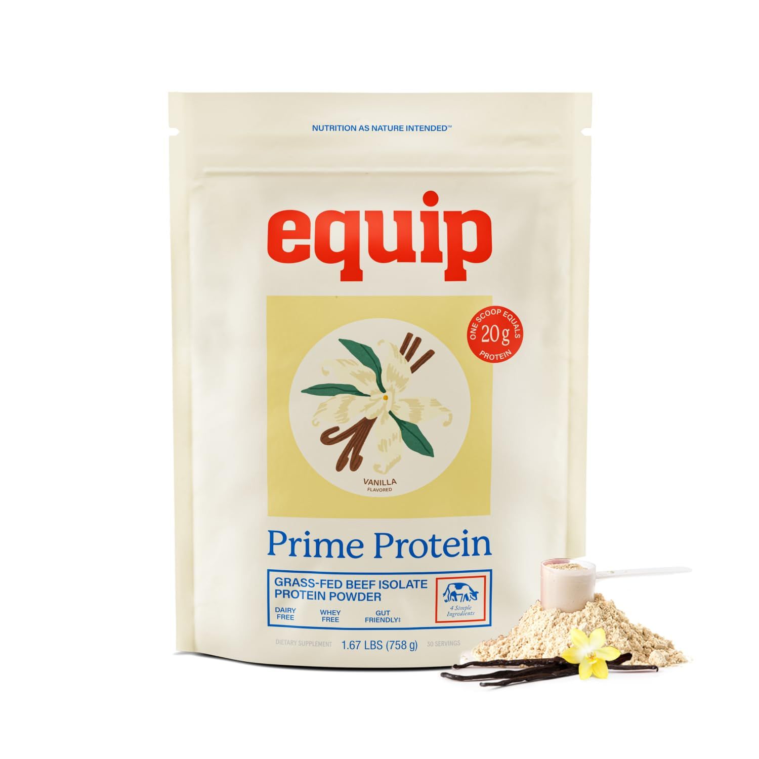 Equip Foods Prime Protein Powder | Clean, Grass Fed Beef Protein Powder | Carnivore Protein Isolate | Paleo, Keto Friendly | Gluten &amp; Dairy Free | Helps Build &amp; Repair Tissue | 30 Servings, Vanilla