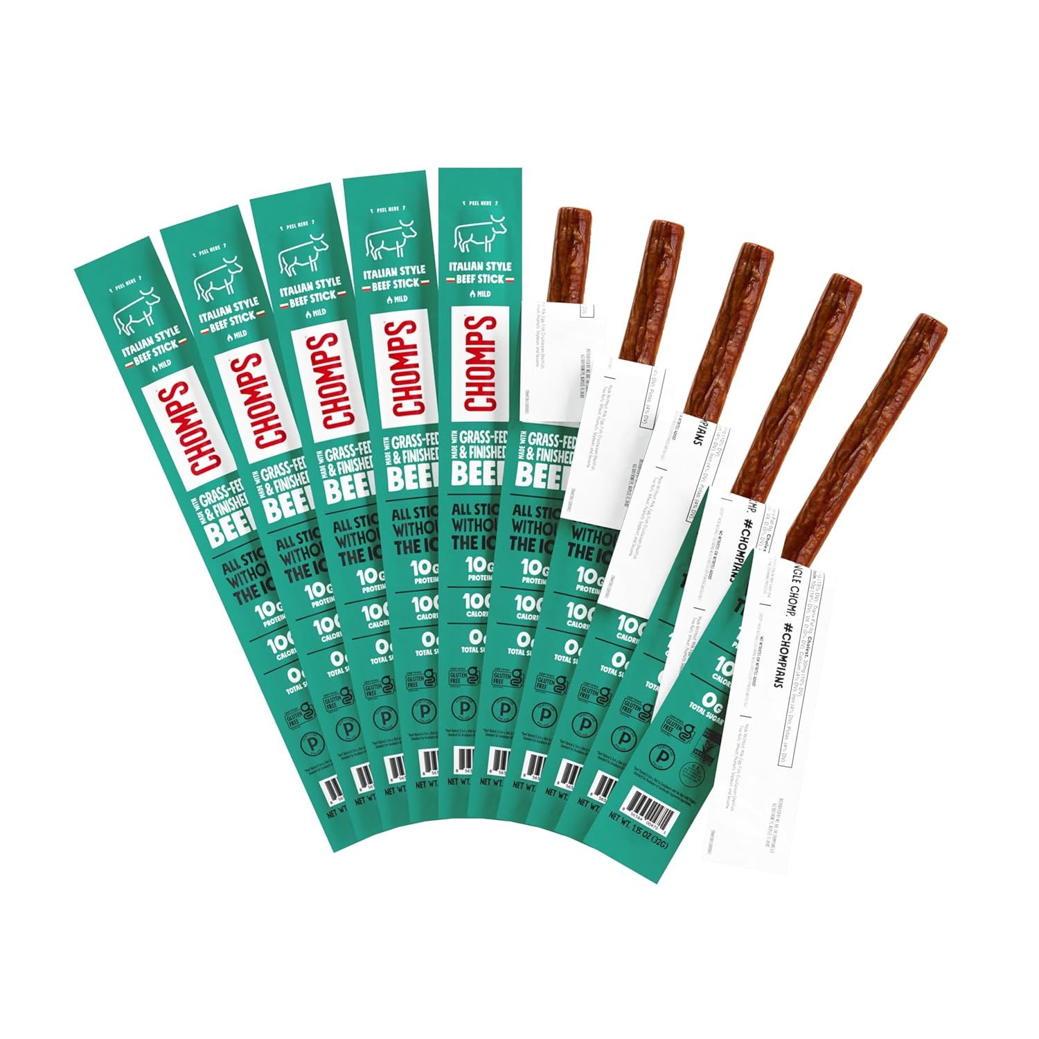 CHOMPS Grass Fed Beef Jerky Meat Snack Sticks, AIP Diet Compliant, Keto, Paleo, Whole30 Approved, Low Carb, Gluten Free, Sugar Free, Non-GMO, 90 Calories 1.15 Oz Stick, Italian Beef 10 Pack
