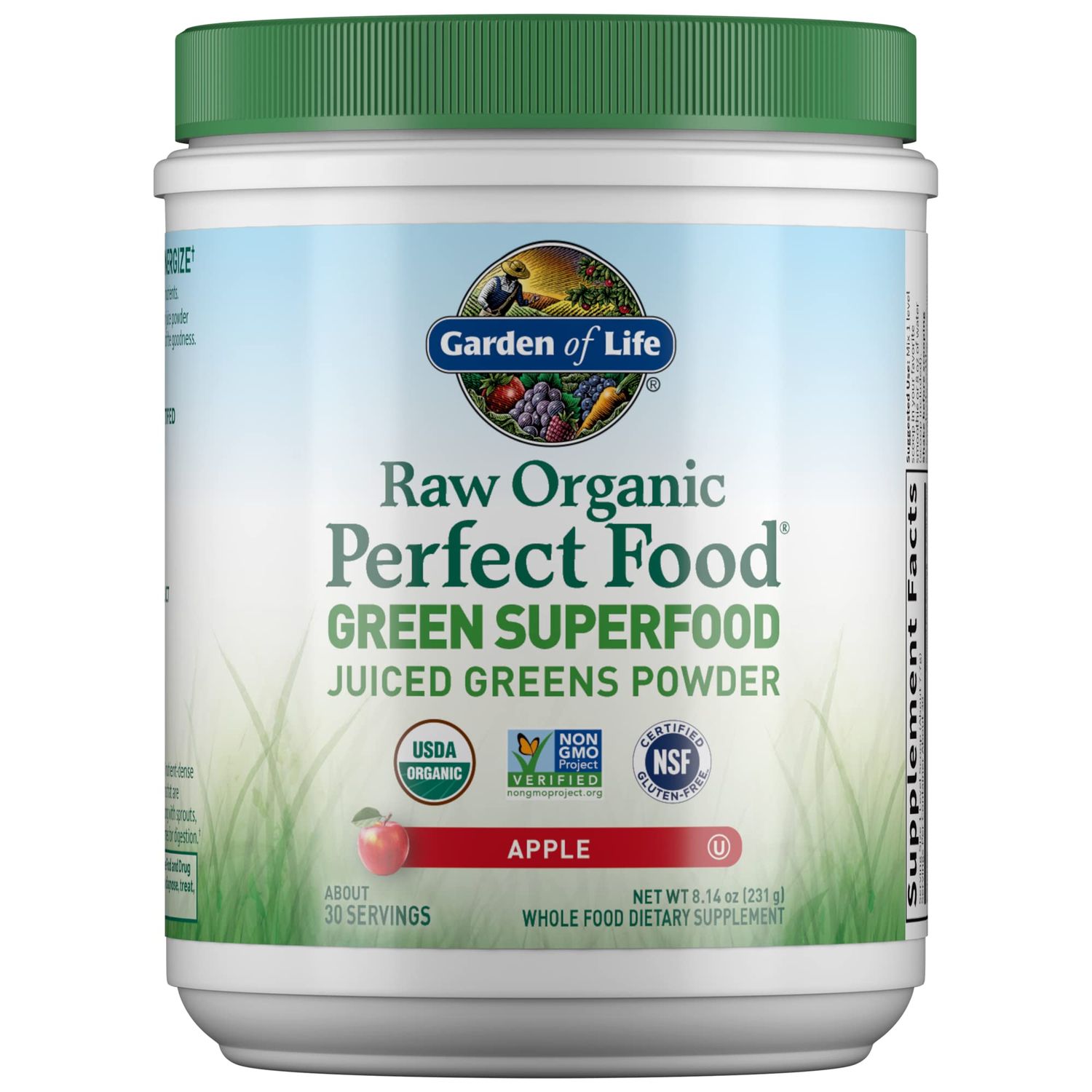 Garden of Life Raw Organic Perfect Food Green Superfood Juiced Greens Powder - Apple Flavor, 30 Servings - Vegan Gluten Free Whole Food Dietary Supplement, Greens Plus Probiotics &amp; Enzymes