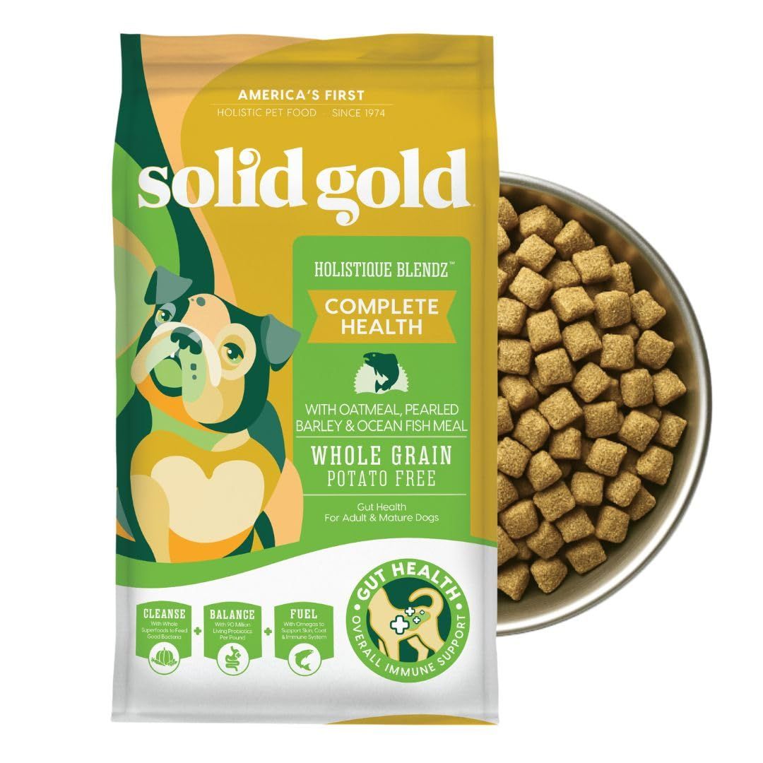 Solid Gold Dry Dog Food for Adult &amp; Senior Dogs - with Whole Grains, Oatmeal, Pearled Barley, &amp; Fish - Potato Free, High Fiber Adult Dog Food Dry Kibble for Sensitive Stomach &amp; Immune Support – 4LB