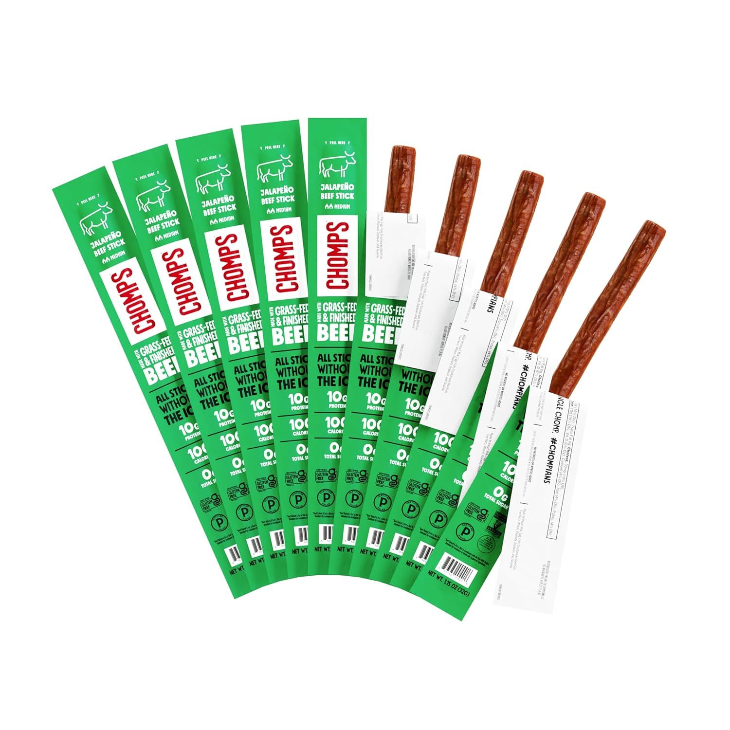 Chomps Grass-Fed and Finished Jalapeño Beef Jerky Snack Sticks 10-Pack - Keto, Paleo, Whole30, 10g Lean Meat Protein, Gluten-Free, Zero Sugar Food, Non-GMO