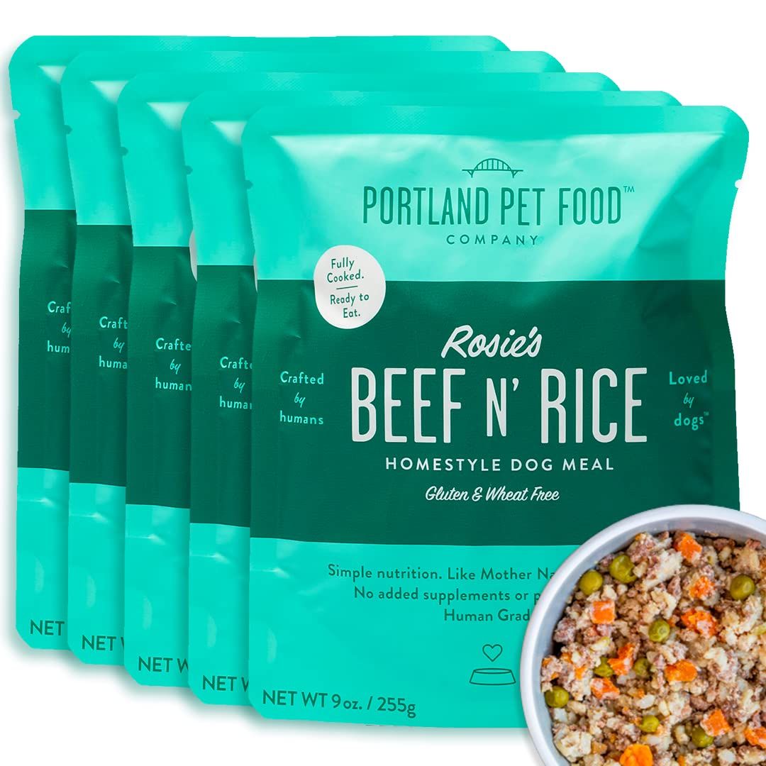 Portland Pet Food Company Fresh Dog Food Pouches - Human-Grade Toppers Wet Pet Meal &amp; Mixers - Small &amp; Large Breed Puppy &amp; Senior Dogs - Gluten-Free, Limited Ingredient Rosie’s Beef N' Rice - 5 Pack