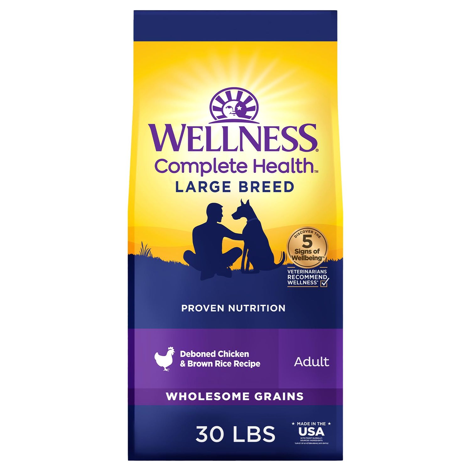 Wellness Complete Health Dry Dog Food, Large Breed, Wholesome Grains, Natural, Chicken &amp; Brown Rice Recipe, (30-Pound Bag)