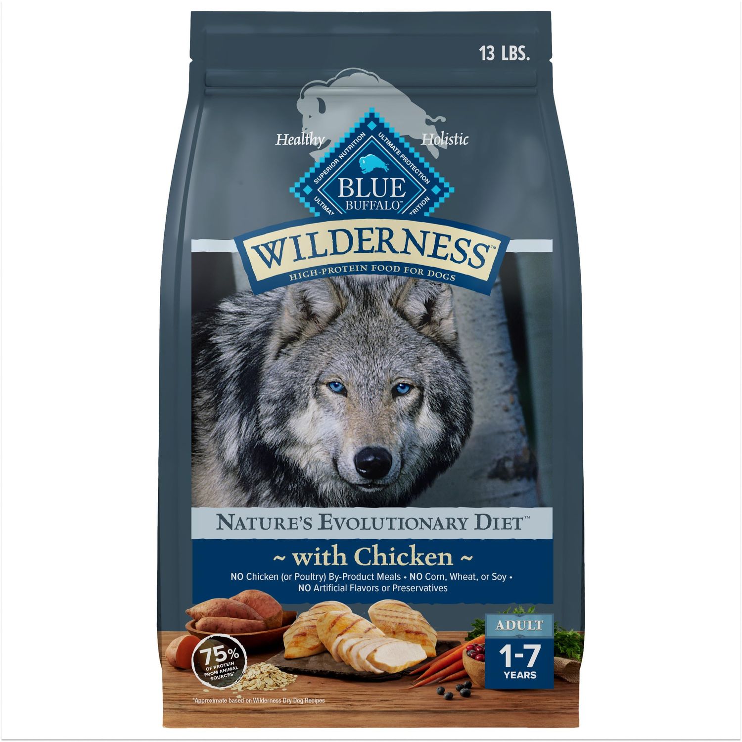 Blue Buffalo Wilderness Natural High-Protein Dry Food for Adult Dogs, Chicken Recipe, 13-lb. Bag