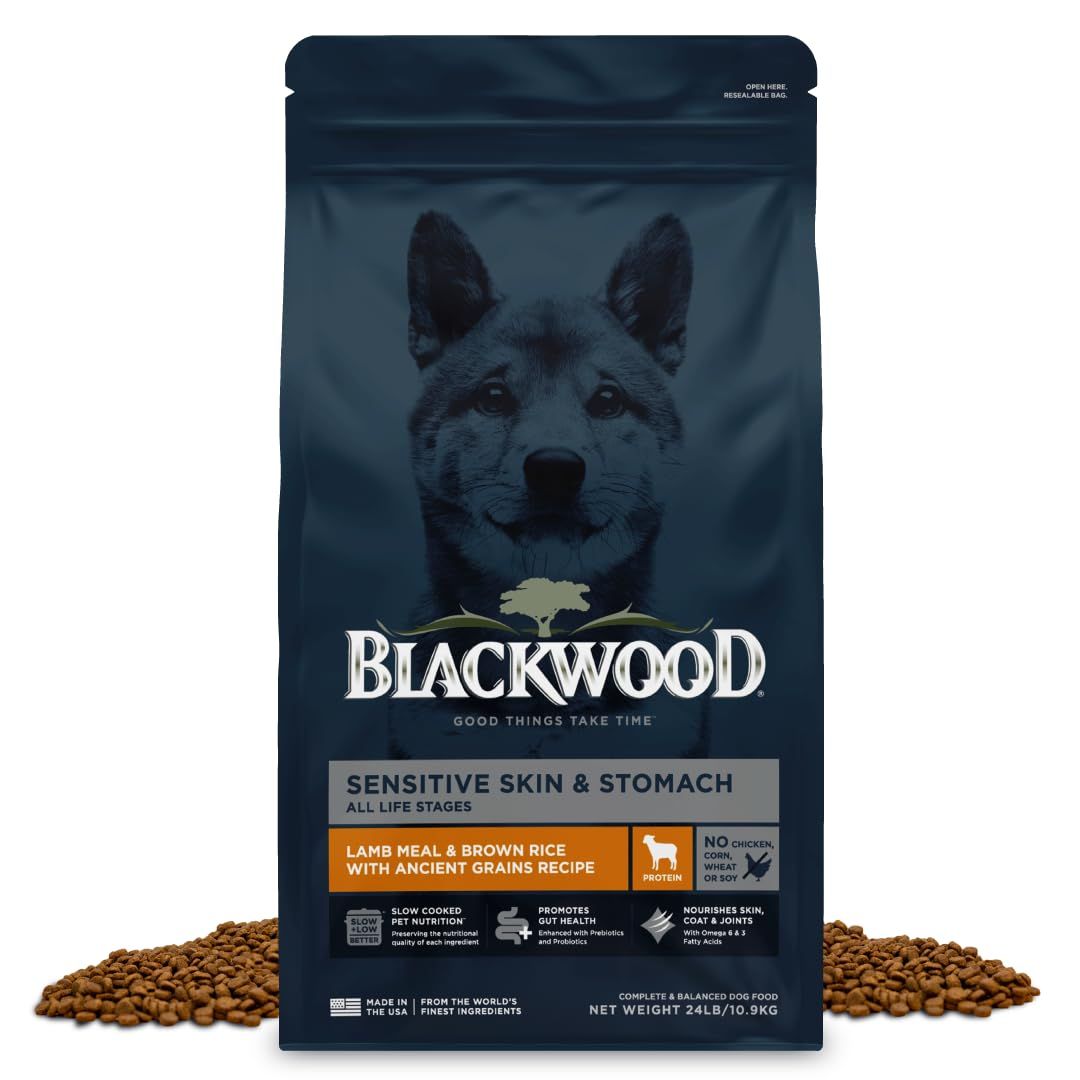 Blackwood Sensitive Skin &amp; Stomach Dry Dog Food, Lamb Meal &amp; Brown Rice with Ancient Grains, 24 Pound Bag with Prebiotics &amp; Probiotics to Promote Gut Health