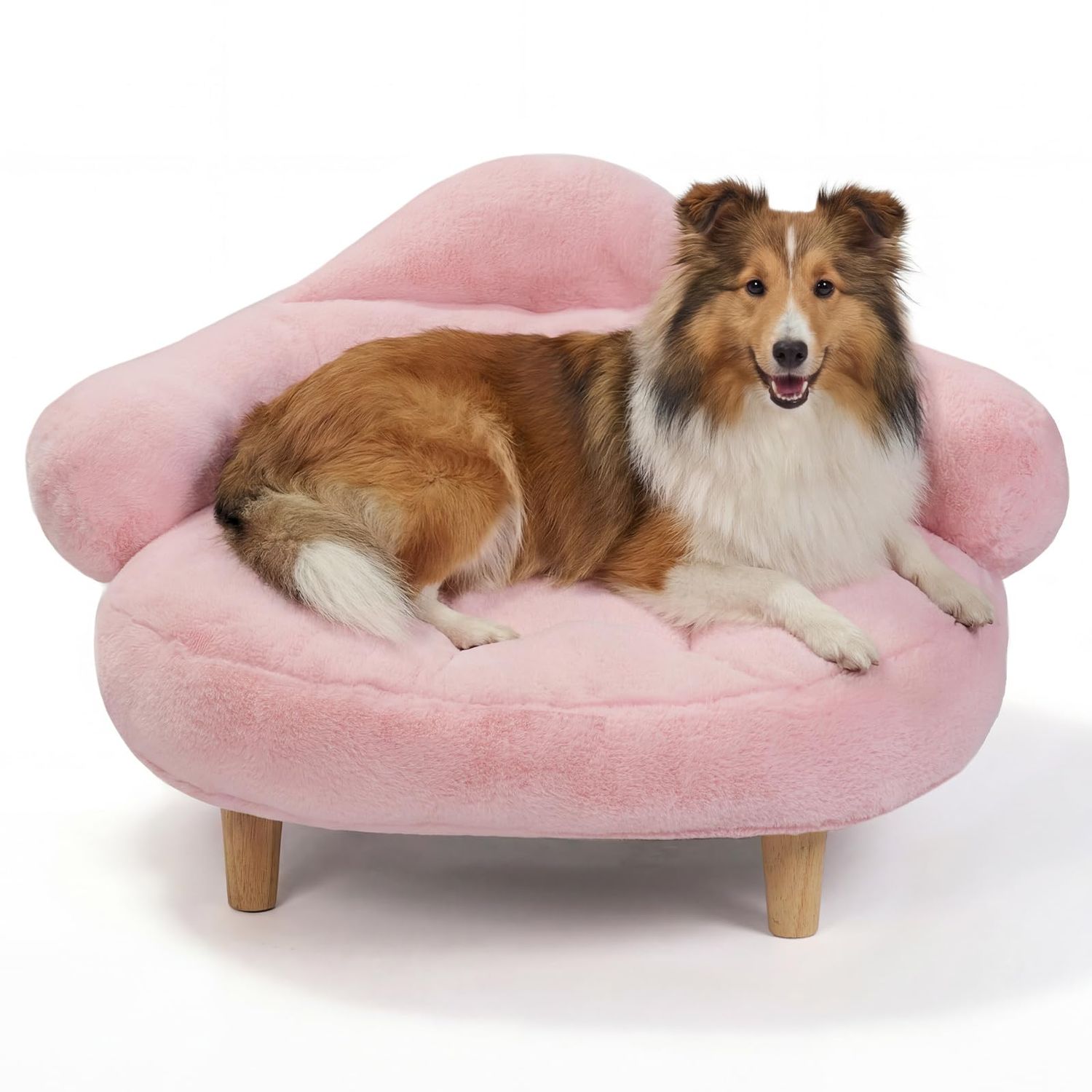 Veehoo Cute Pink Dog Bed, Elevated Dog Couch Bed for Small Medium Dogs, Raised Dog Bed with Washable Cover and Sturdy Wood Legs, Modern Wood Indoor Pet Bed with Frame and Soft Cushion