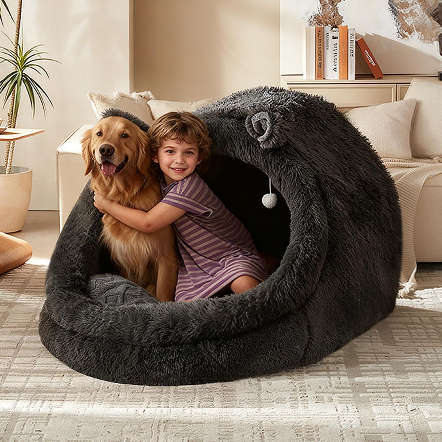 Jumbo Plush Pet Bed with Canopy - Extra Large 55"x43"x35" Gray Fluffy Dog &amp; Cat Bed for Humans &amp; Pets, Removable Pillow &amp; Blanket, Machine Washable, Cute Bunny Ear Design