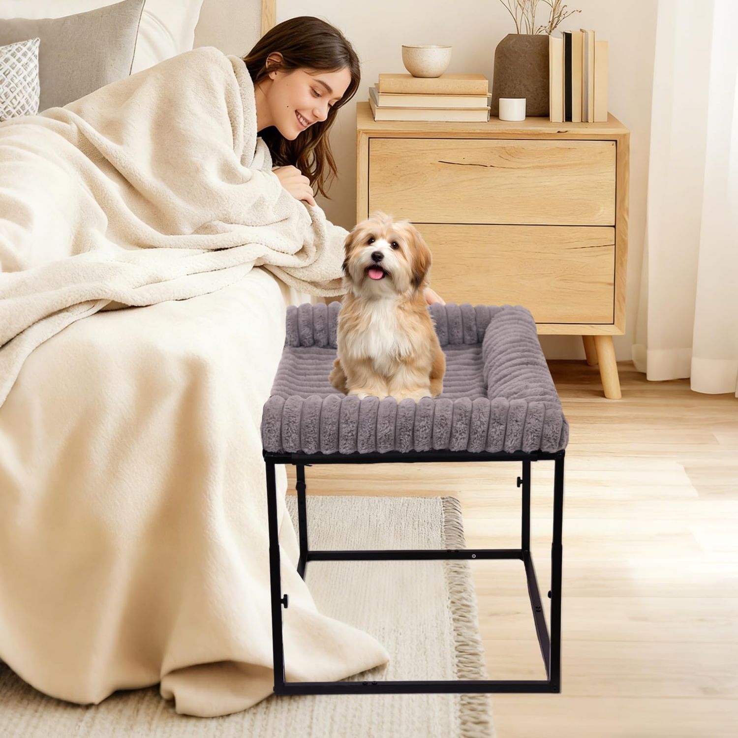 Bedside Dog Bed for Small Dogs &amp; Cats, Height Adjustable Cosleeper Pet Bed Next to Human Bed, Elevated Frame with Washable Cushion, Stable Bed Attachment for Puppies &amp; Kittens