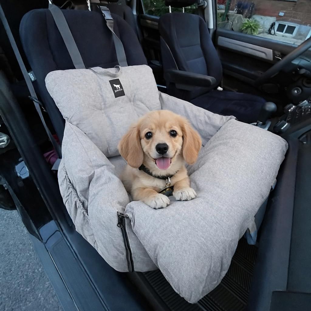 JACKO &amp; CO Premium Dog Car Seat – Safe &amp; Cozy Travel Bed and Carrier for Small Dogs, Puppies, Pets up to 25 lbs, Clip-On Leash &amp; Storage Pockets, Water-Resistant, Machine Washable (Grey Small)