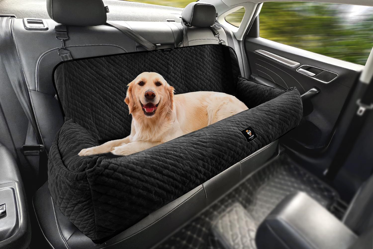 Dog Car Seat for Large Dog Car Bed Under 100LBS, Pet Booster Back Seat Removable Washable with Safety Tethers/Storage Pocket（Black）