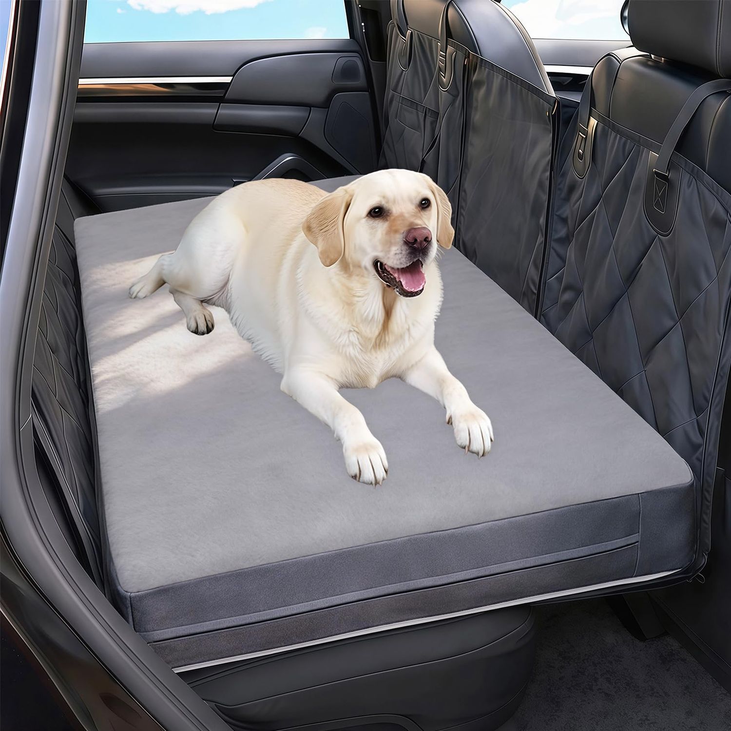 Backseat Dog Bed, Dog Bed for Car Back Seat, 4in Orthopedic Egg Crate Foam Pet Bed with Reversible Plush &amp; Faux Leather for Backseat Extender – Waterproof, Stable Fit, Washable (51"x23.5", Gray)