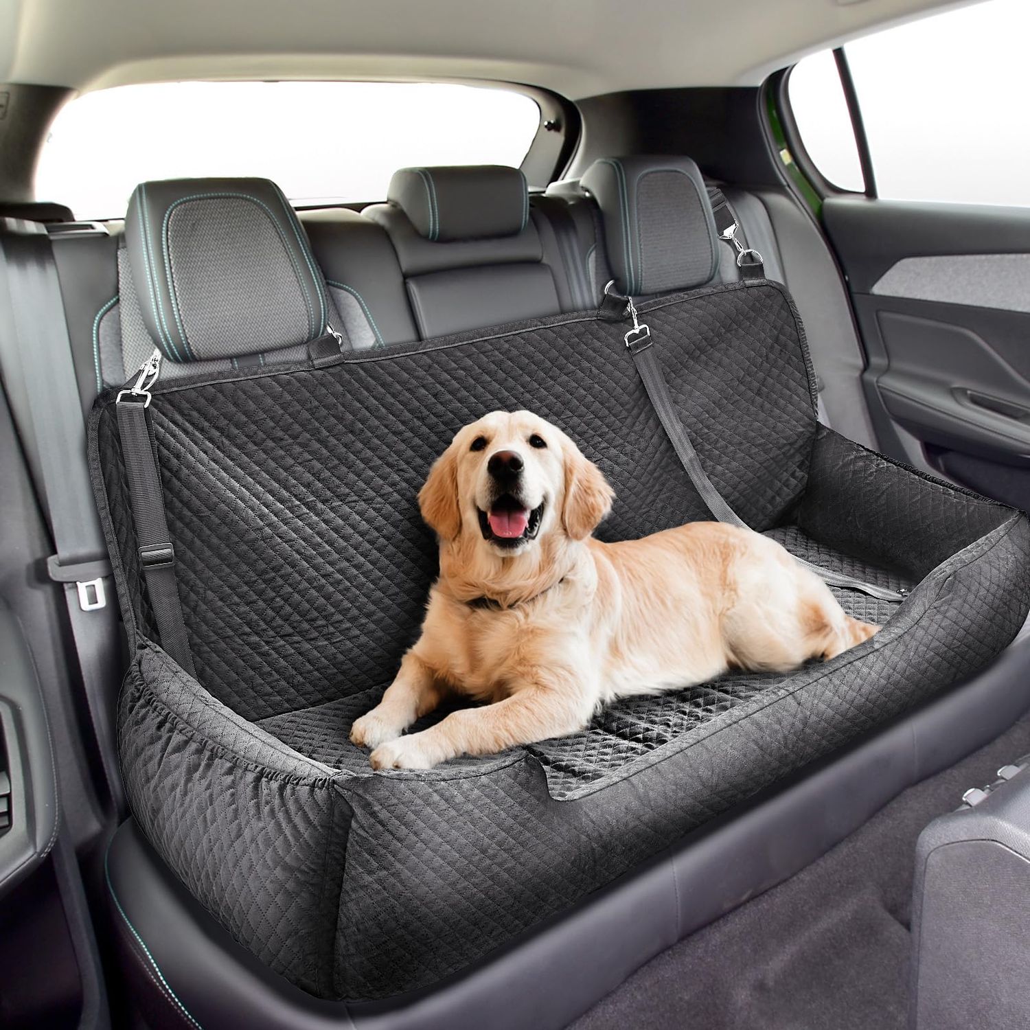 Suzile Dog Car Seat Bed for Large Under 100lbs Pet Booster for Back Seat Fully Detachable Washable with Safety Tethers Comfortable Protector for Home Travel Camping, 49'' x 22" (Black for Large Dogs)