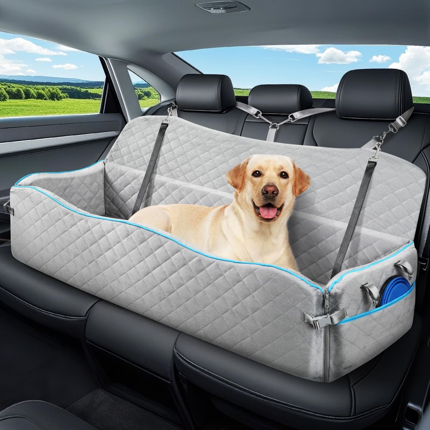 Large Dog Car Seat, Dog Car Bed for Large Dogs Under 120lbs, Dog Booster Seat with Thick Cushion and 2 Pet Safety Leashes, Detachable &amp; Washable Pet car Bed for Backseat
