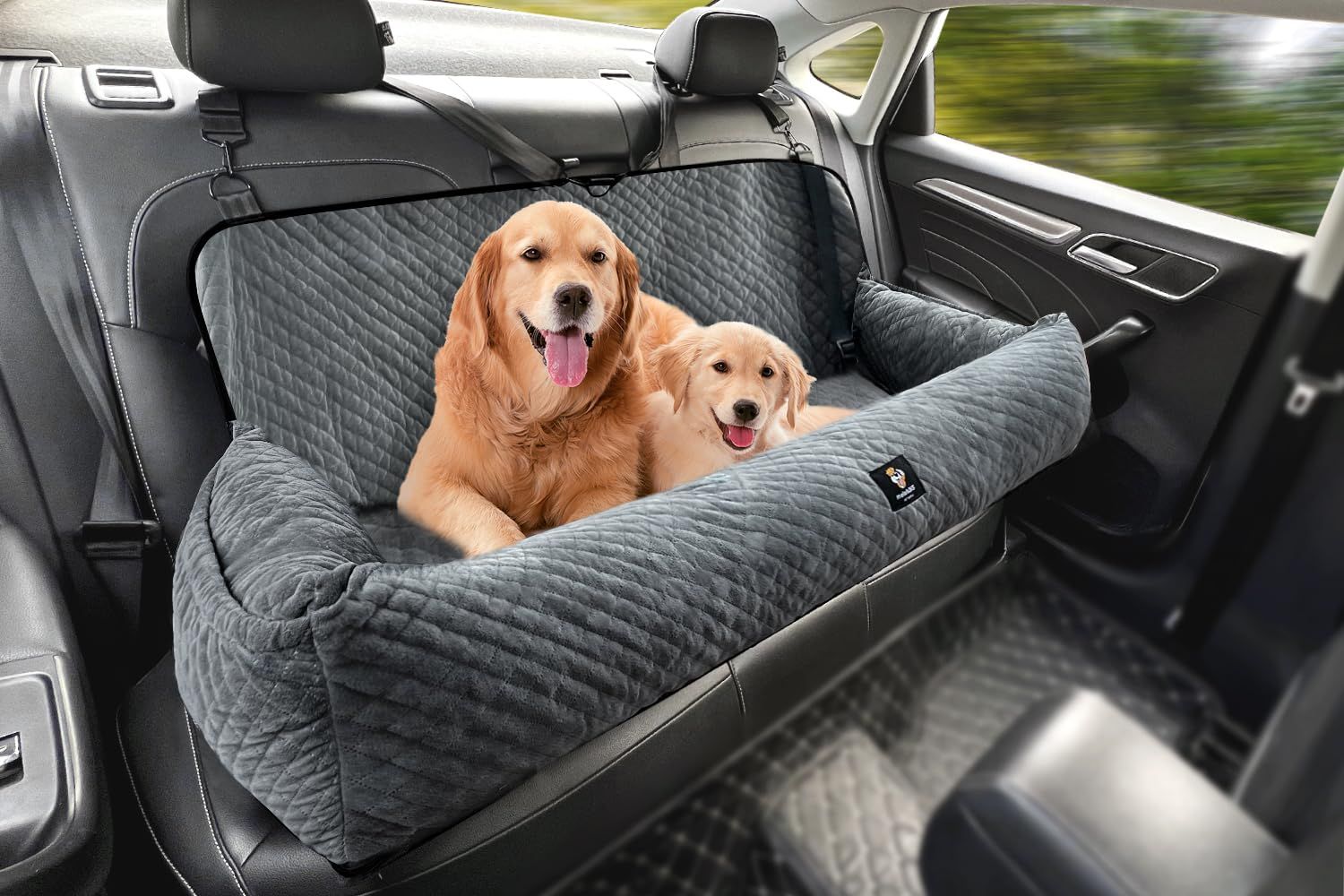 Large Dog Car Seat Under 100LBS,Dog Car Bed with Safety Tethers/Storage Pocket,Only for Back Seat-Gray