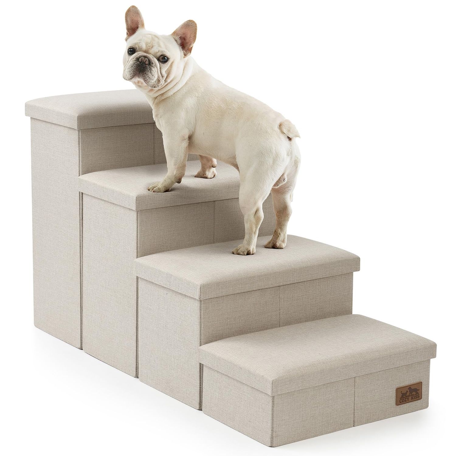 Dog Stairs with Storage, 4-Step Wider Sturdy Dog Steps for Small/Medium/Large Dogs and Older Cats, Folding Doggie Ramp for Bed/Couch/Car Hold Up to 180 lbs (22" H, Beige)