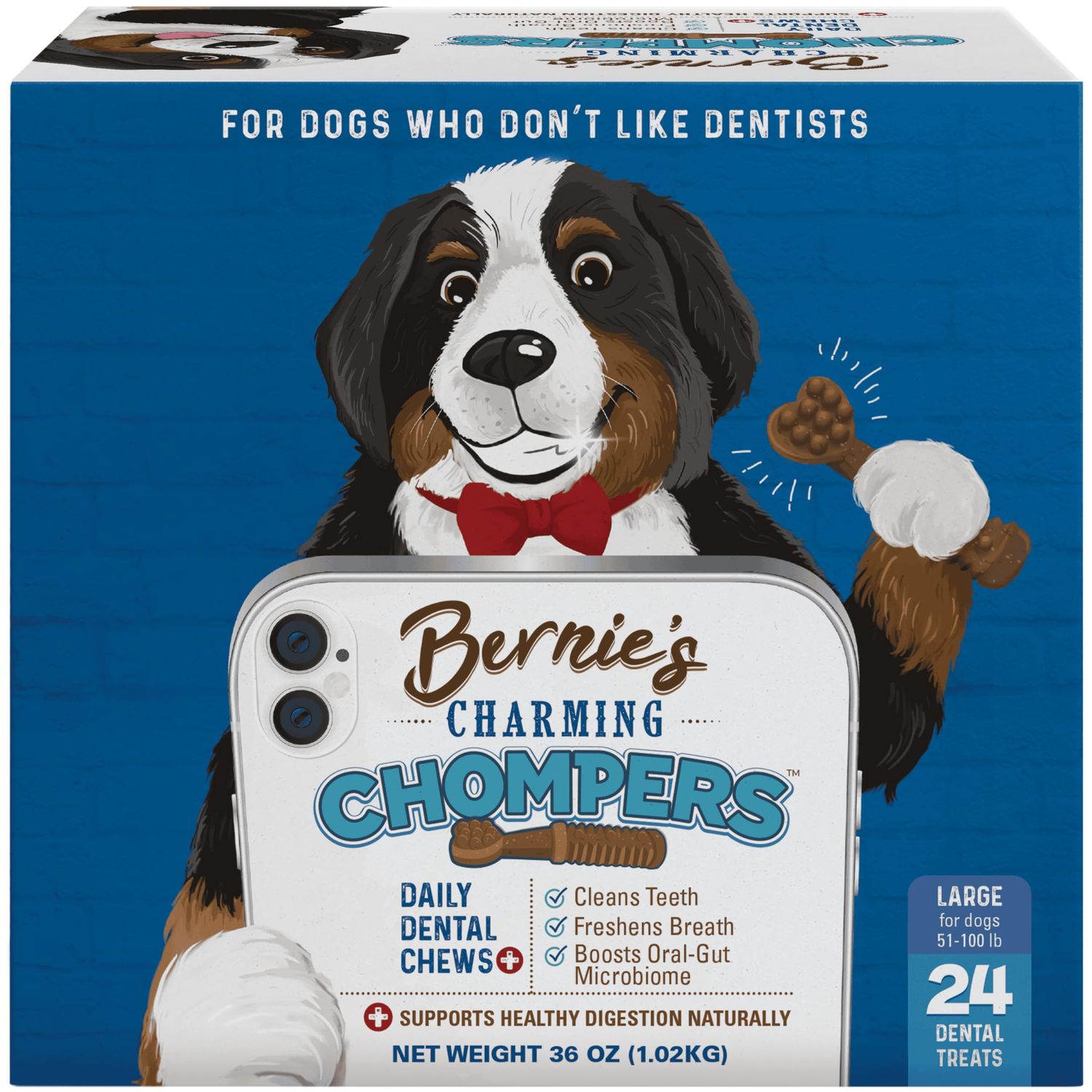 Bernie's Charming Chompers - Daily Dental Chews for Dogs 50-100 Lbs. - 24 Count - Cleans Teeth, Freshens Breath, + Boosts Oral-Gut Microbiome. Easy to Digest, Supports Healthy Digestion Naturally