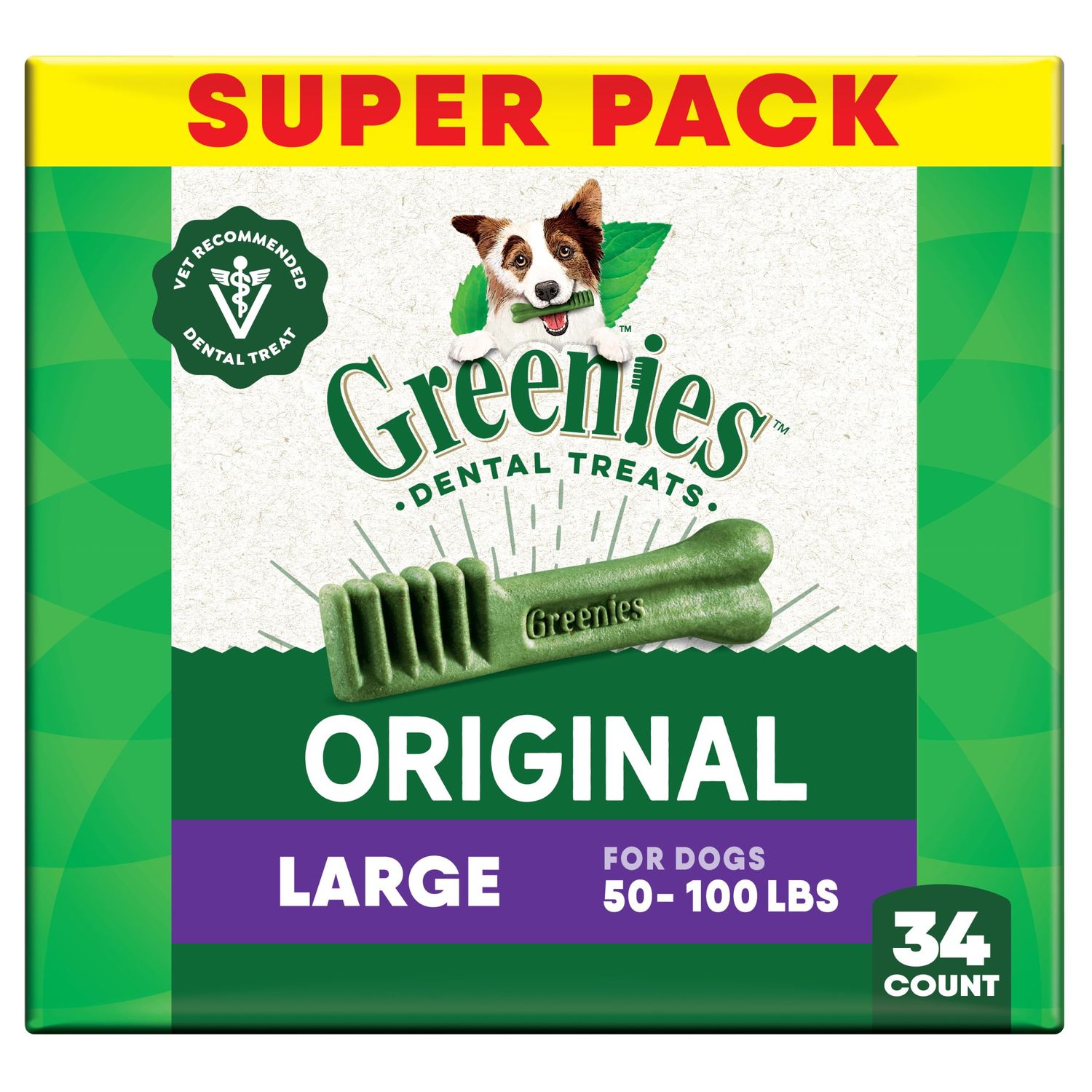Greenies Veterinarian-Recommended Adult Natural Dental Dog Treats Large Size, Dog Dental Chews, Original Flavor, 54 oz. Pack, 34 Count
