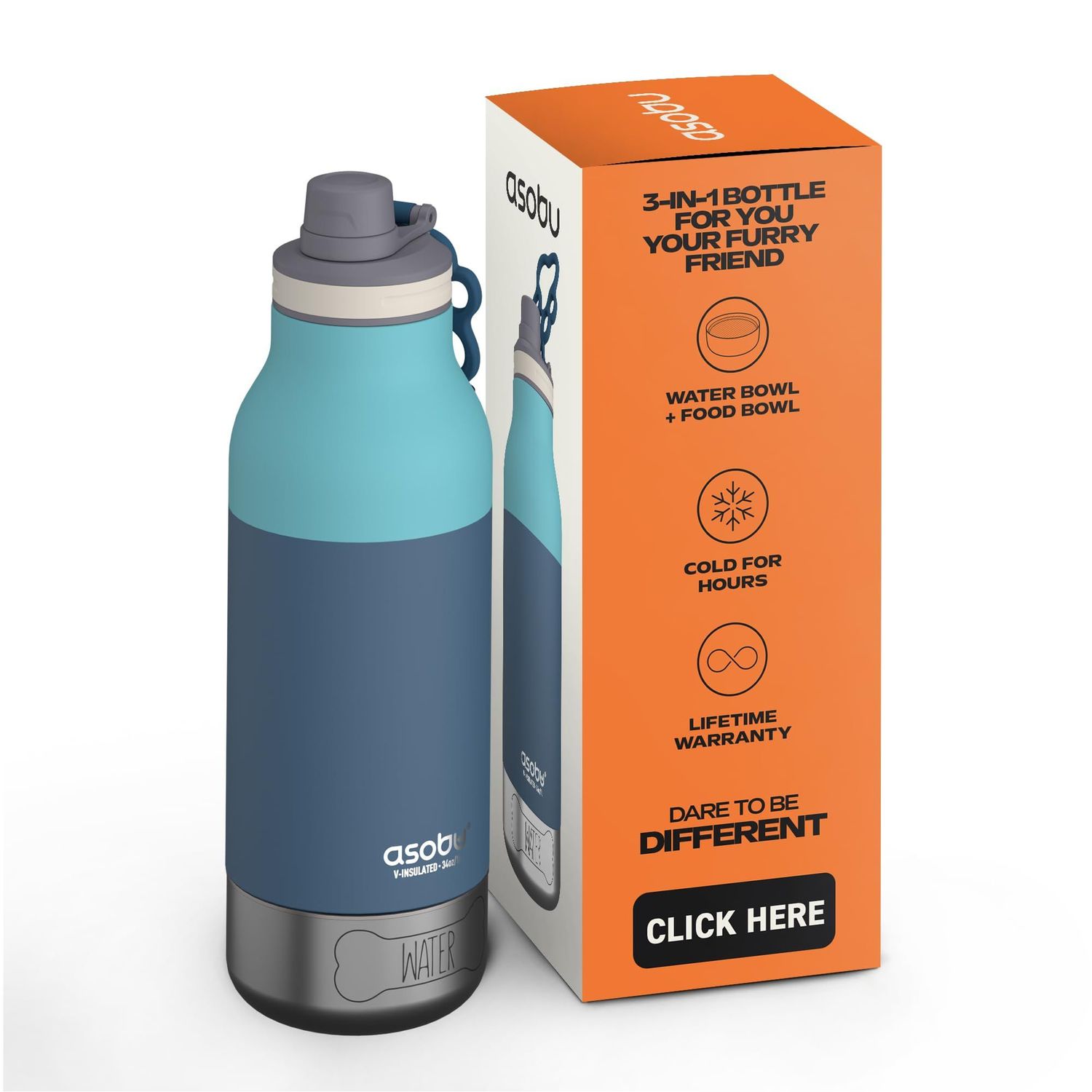 asobu Buddy Bottle – Isolierte Edelstahl-Wasserflasche mit abnehmbarem Hundenapf und Aufbewahrung für Hundefutter und Leckerlis (Pastellgrün, 1000 ml)