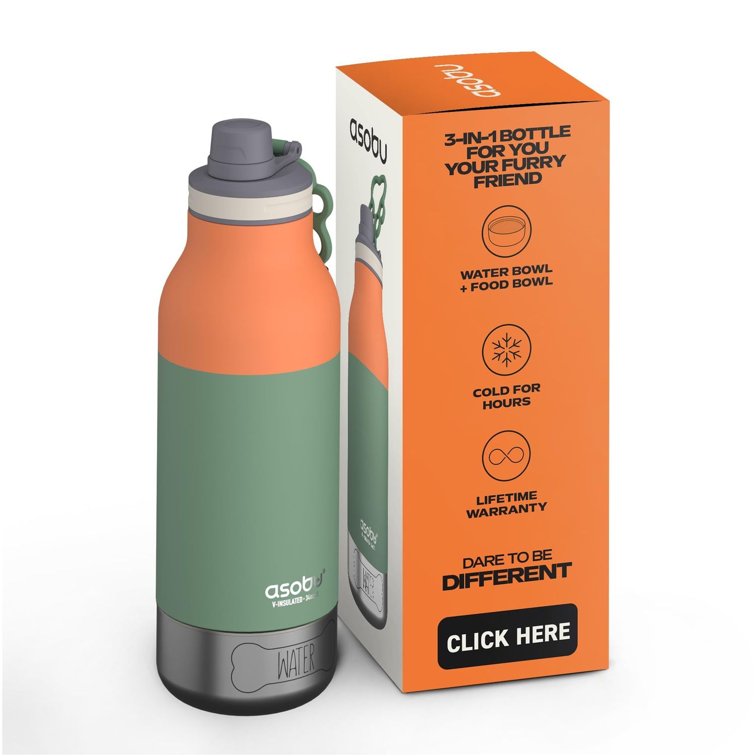 Asobu Dog Barky Bottle – Isolierte Edelstahl-Wasserflasche mit 2 abnehmbaren Näpfen für Futter, Leckerlis &amp; Wasser – Reiseflasche für Wandern und Ausflüge