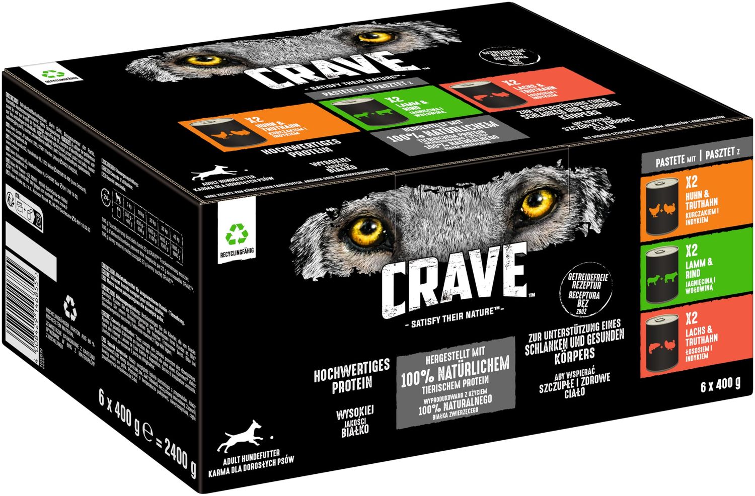 CRAVE Adult Dog Food Wet without Grain - 6 x 400 g Cans - Premium Wet Food for Dogs in 3 Different Varieties - with 100% Natural Protein