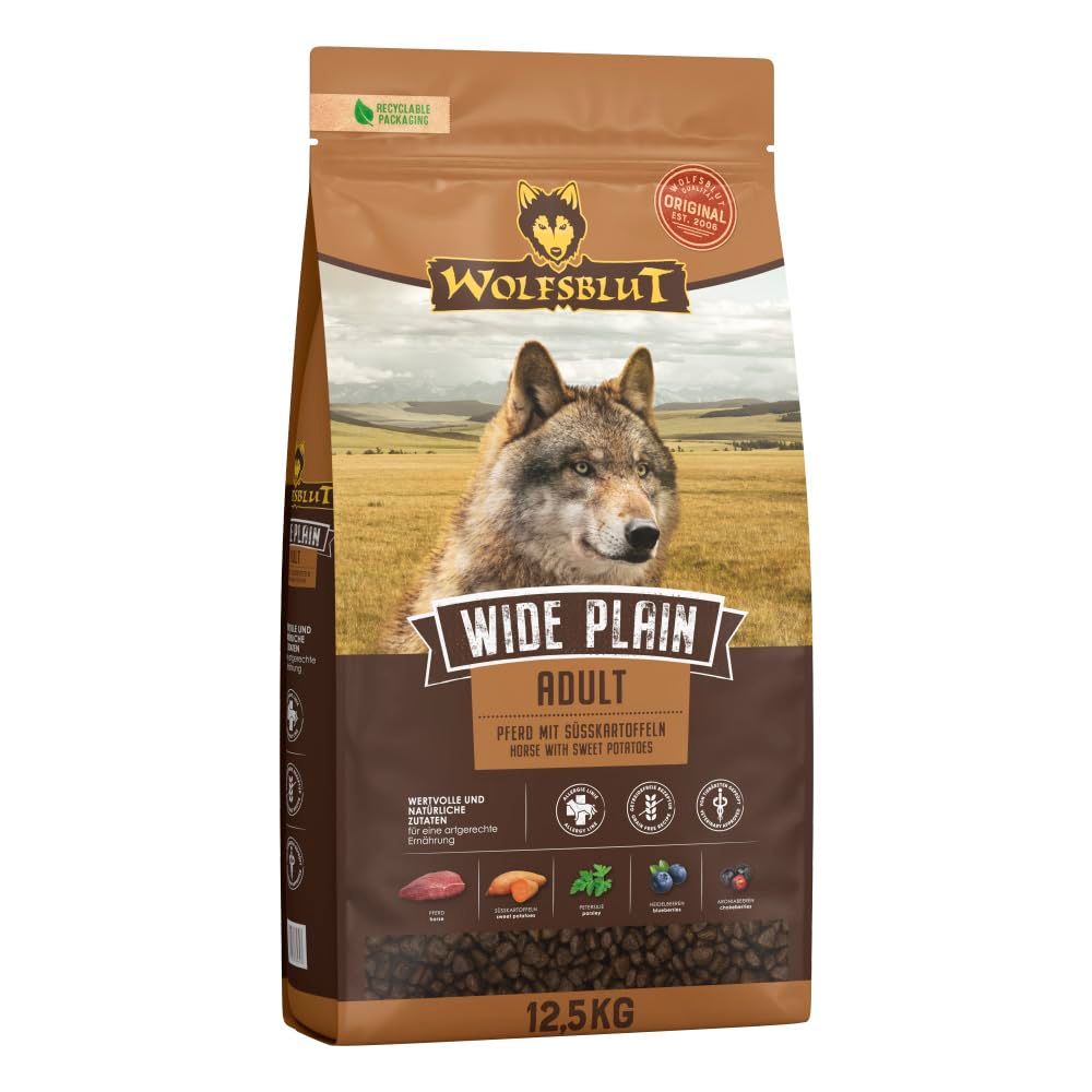 WOLFSBLUT Wide Plain Adult Dry Food with Natural Ingredients and Valuable Superfoods for Adult Dogs. Grain-Free Complete Food without Additives in Bag 12.5 kg Horse