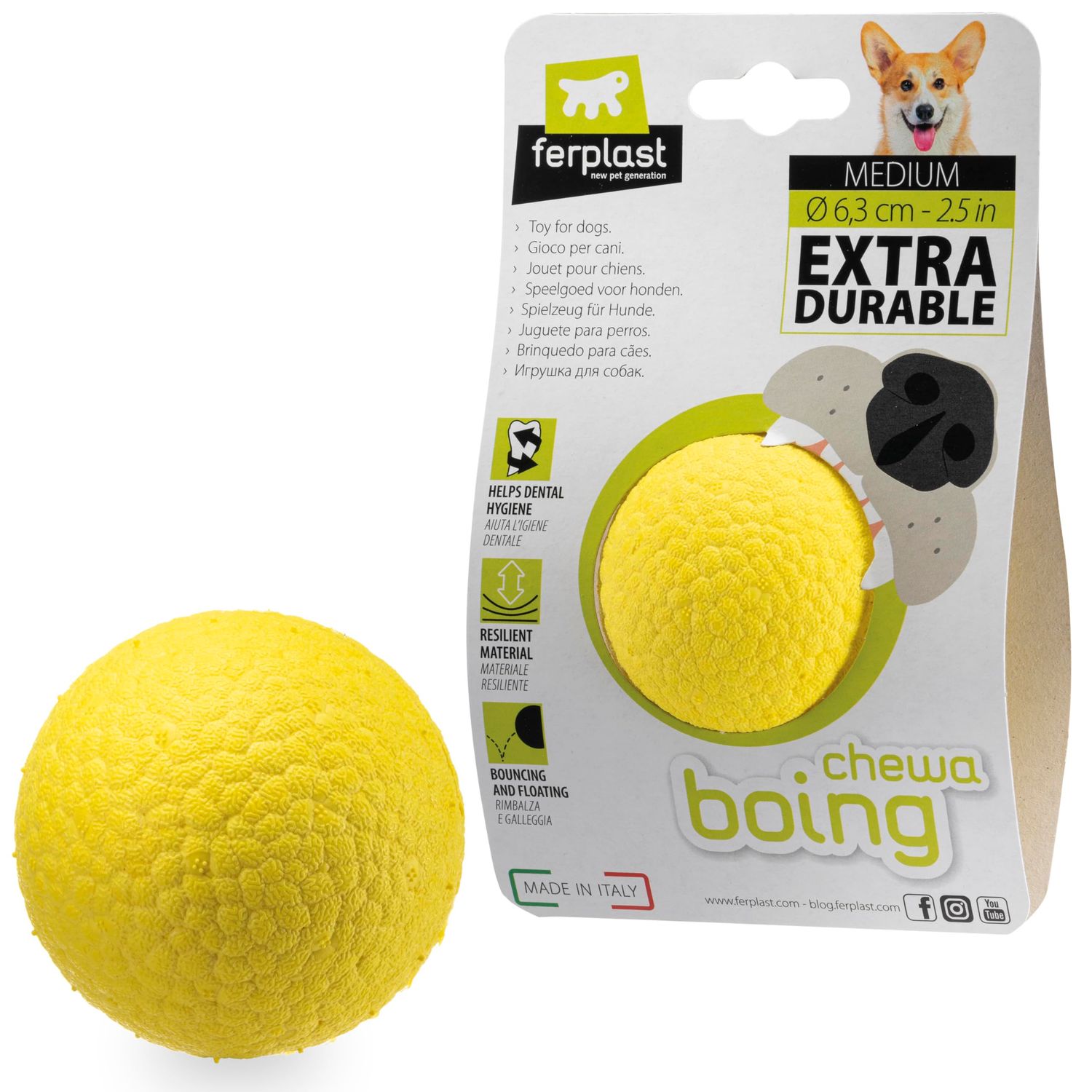 Ferplast Hunde Spielzeug, Hundeball, aus strapazierfähigem, ungiftigem, bissfestem Material, für die Zahnhygiene des Hundes, Springt und Schwimmt, CHEWA BOING Mittelgroße Hundespielzeug ball, Gelb