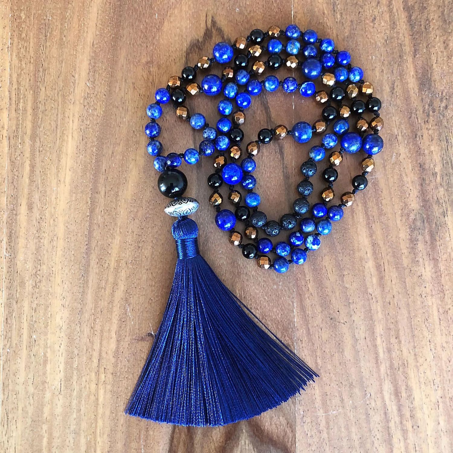 Copper, Lapis Lazuli and Onyx Mala