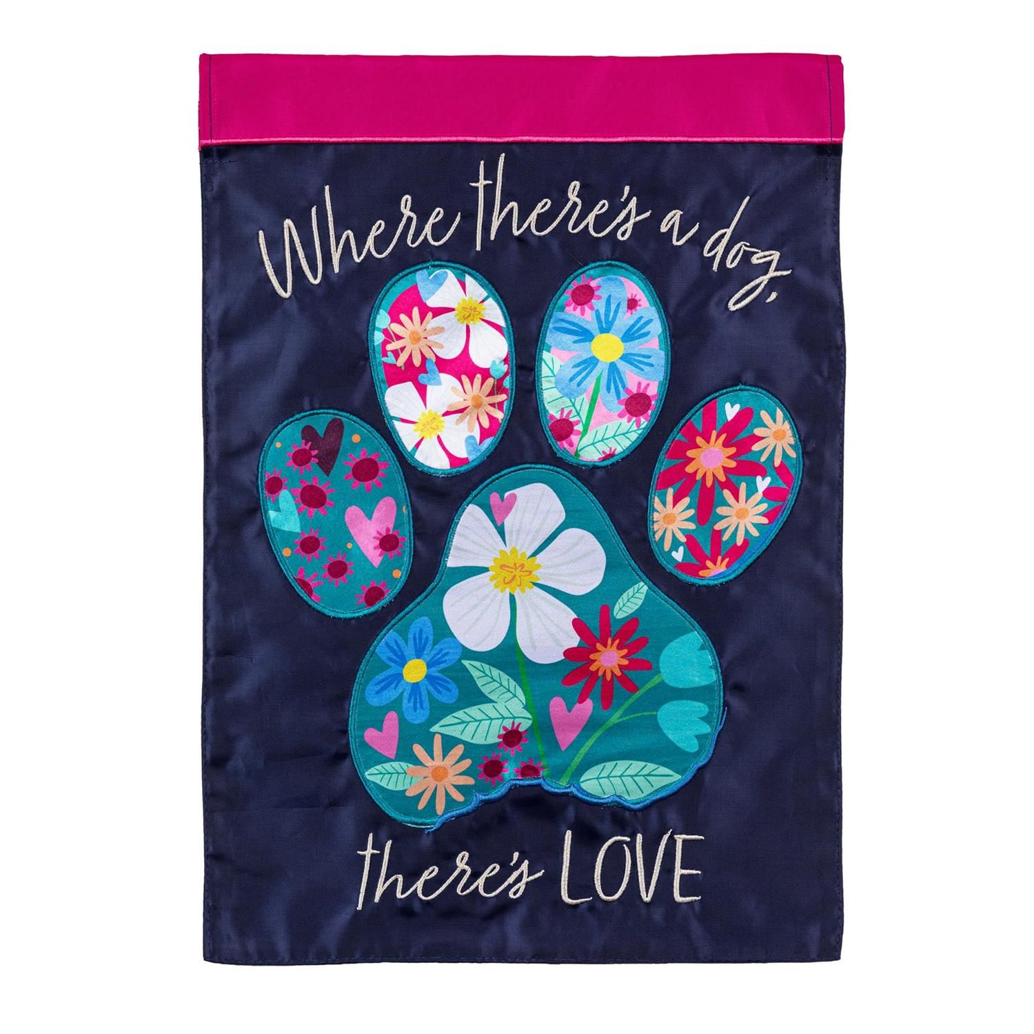 Applique Garden Flag Floral Paw Print