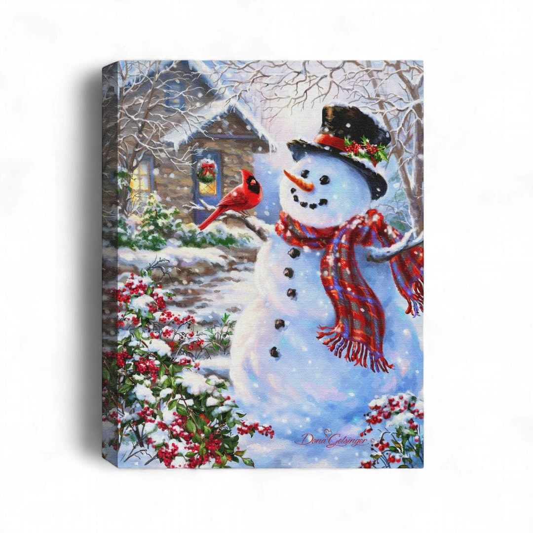 Mini Lighted Canvas 8" X 6" - Snowman And Feathered Friend