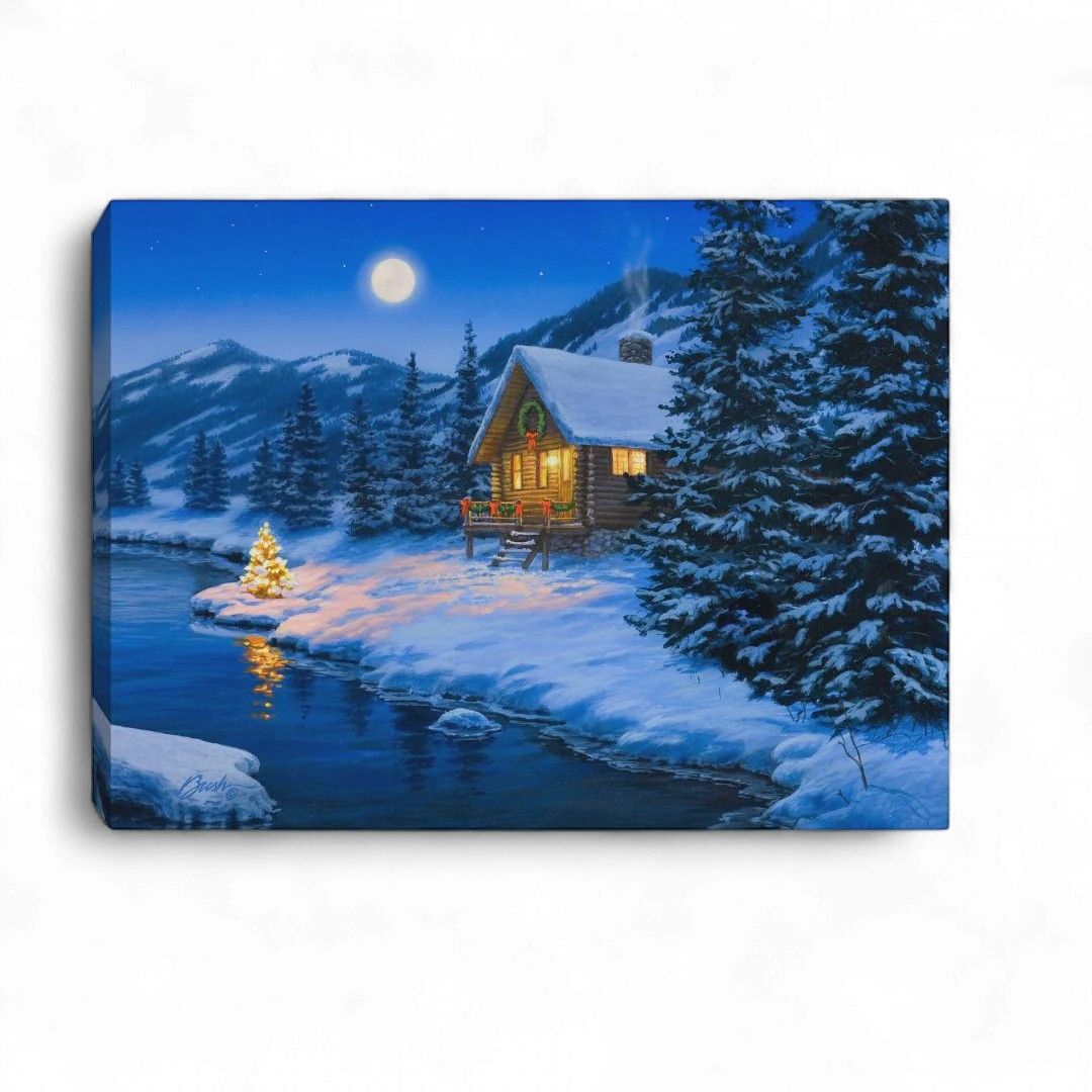 Mini Lighted Canvas 8" X 6" - Christmas Cabin