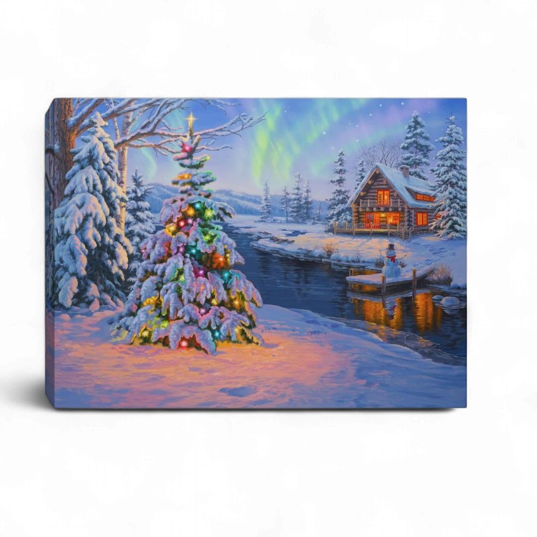 Mini Lighted Canvas 8" X 6" - Christmas Woodland Cabin