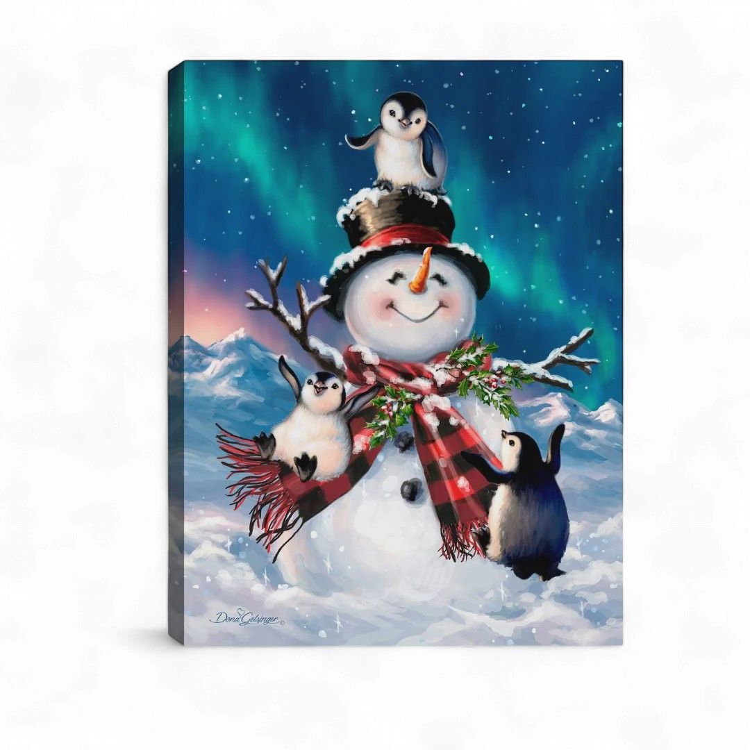 Mini Lighted Canvas 8" X 6" - Penguin Snow Day