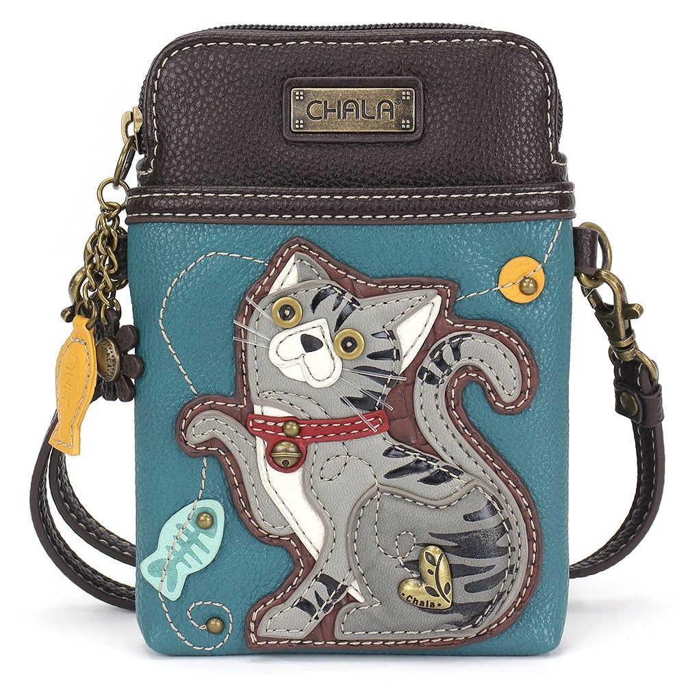 Cellphone Crossbody - Tabby Cat - Gray Turquoise