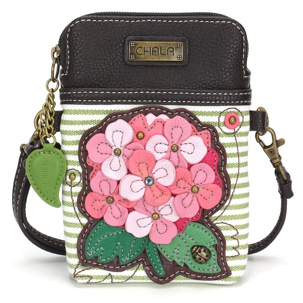Cellphone Crossbody - Pink Hydrangea  - Green Stripe
