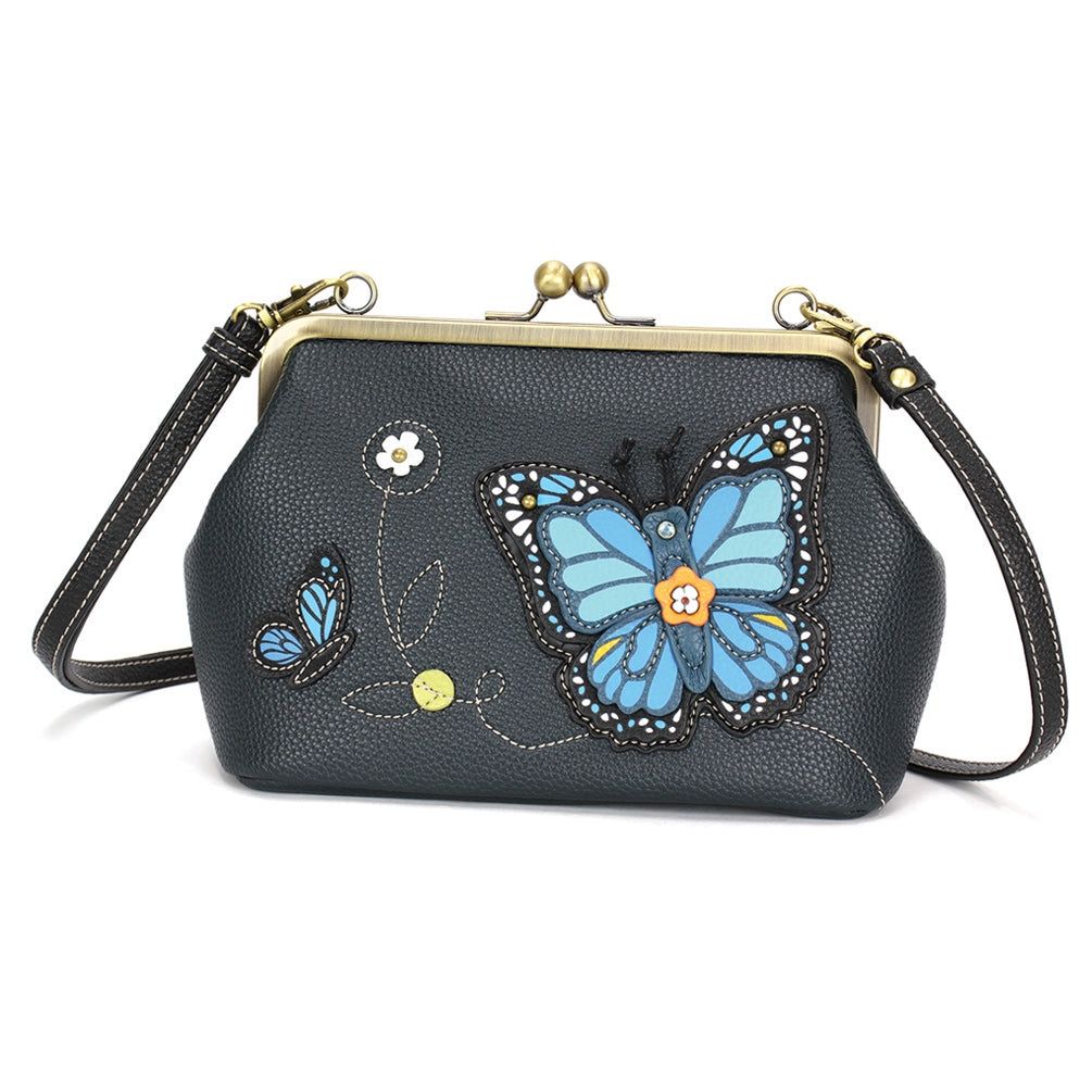 Kisslock Crossbody Purse - Blue Butterfly - Navy