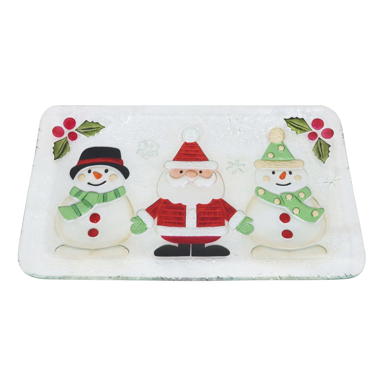 Glass Jolly Santa Snowmen Platter 15"
