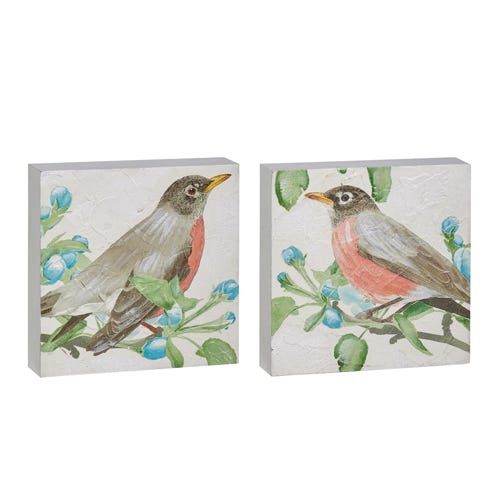 Robin On Apple Blossom Branch Block - 8"