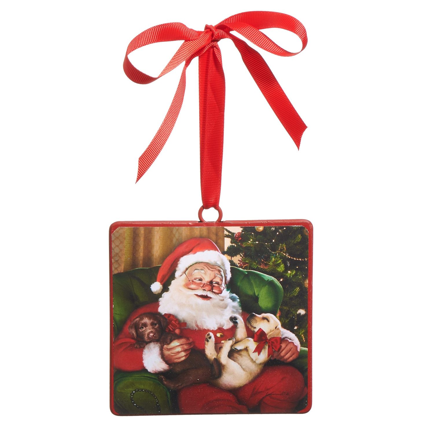 Santa W/ Puppies Square Ornament - 5"