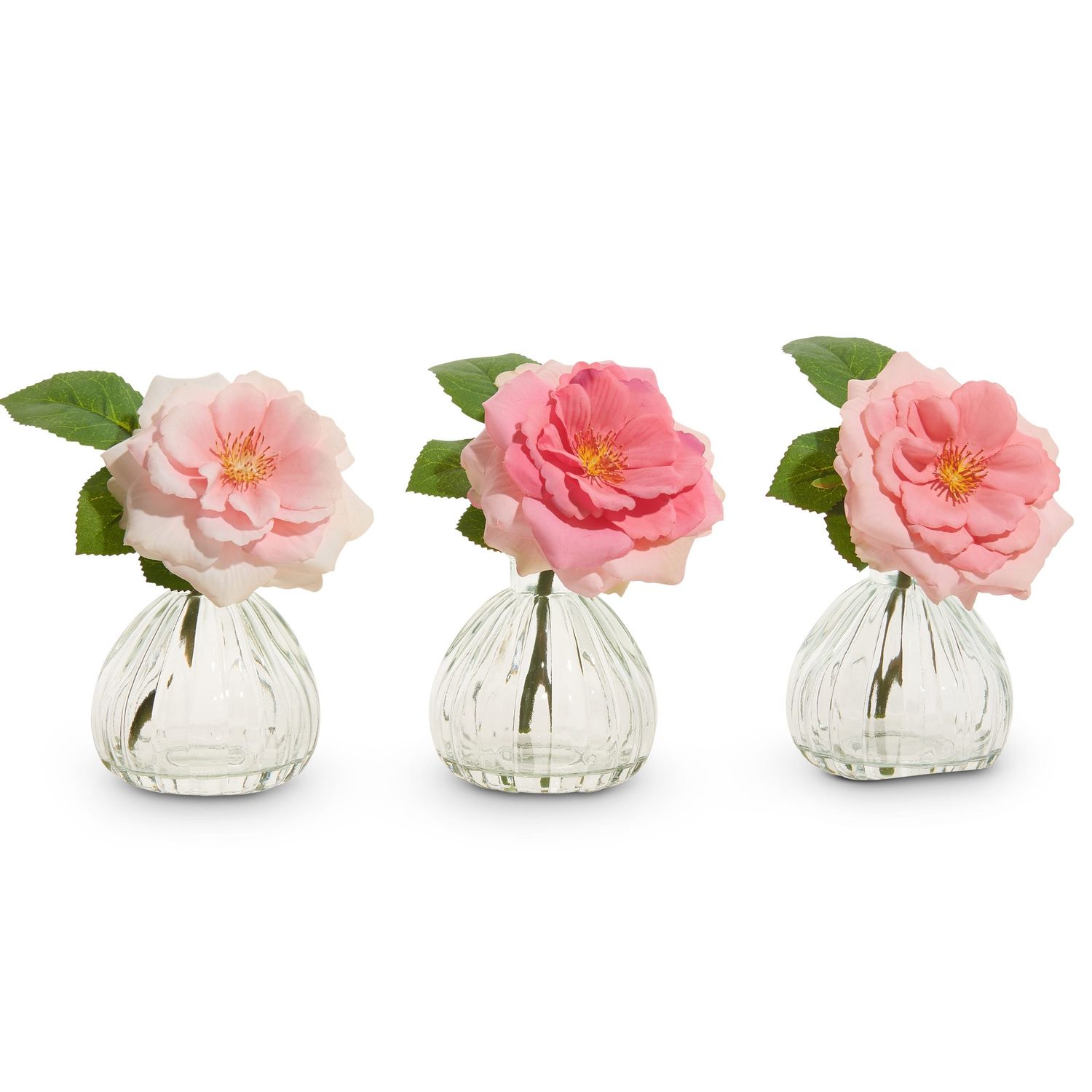 Pink Rose Stem In Glass Vase - 7" - 3 Assorted - Sold Individually