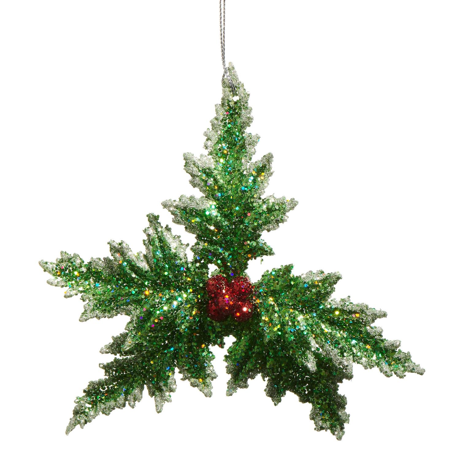 Glittered Holly Ornament - 5.5" - Green