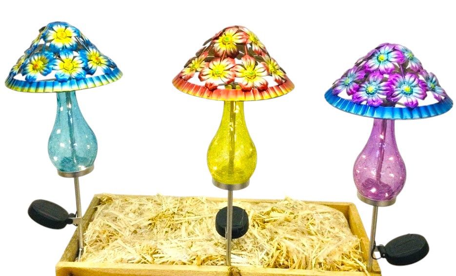 Solar Flower Mushroom Garden Stake 20" - 3 Styles - Sold Individually