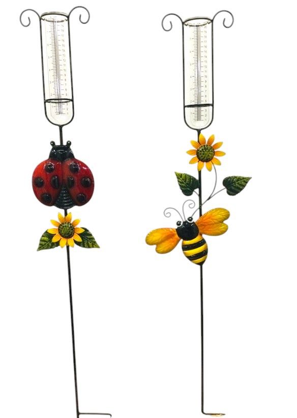 Rain Gauge Stake W/ Bug 42" - 2 Styles - Sold Individually