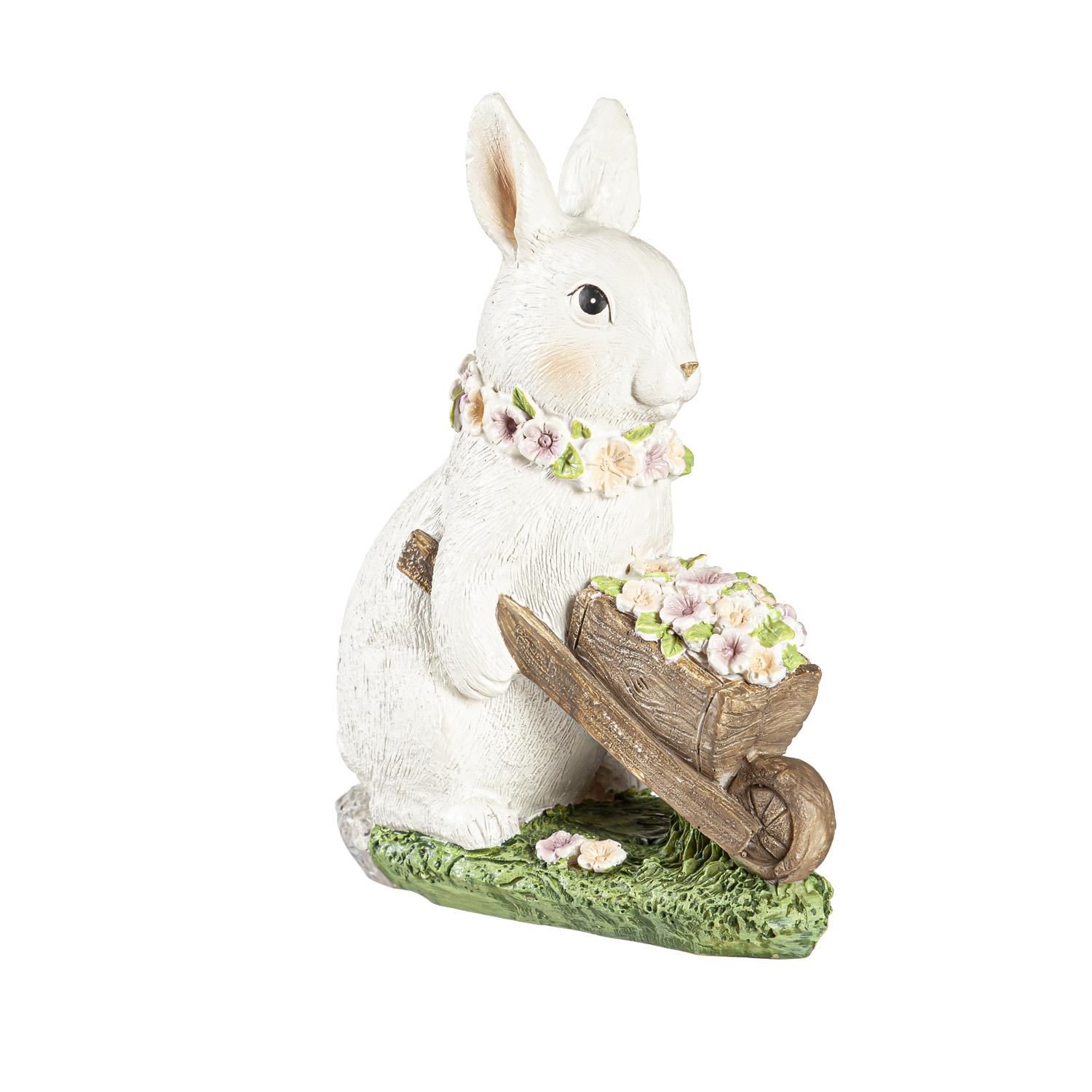 Resin Bunny With Flowers - 5" 2 Styles Wheelbarrow, Watering Can - Sold Individually