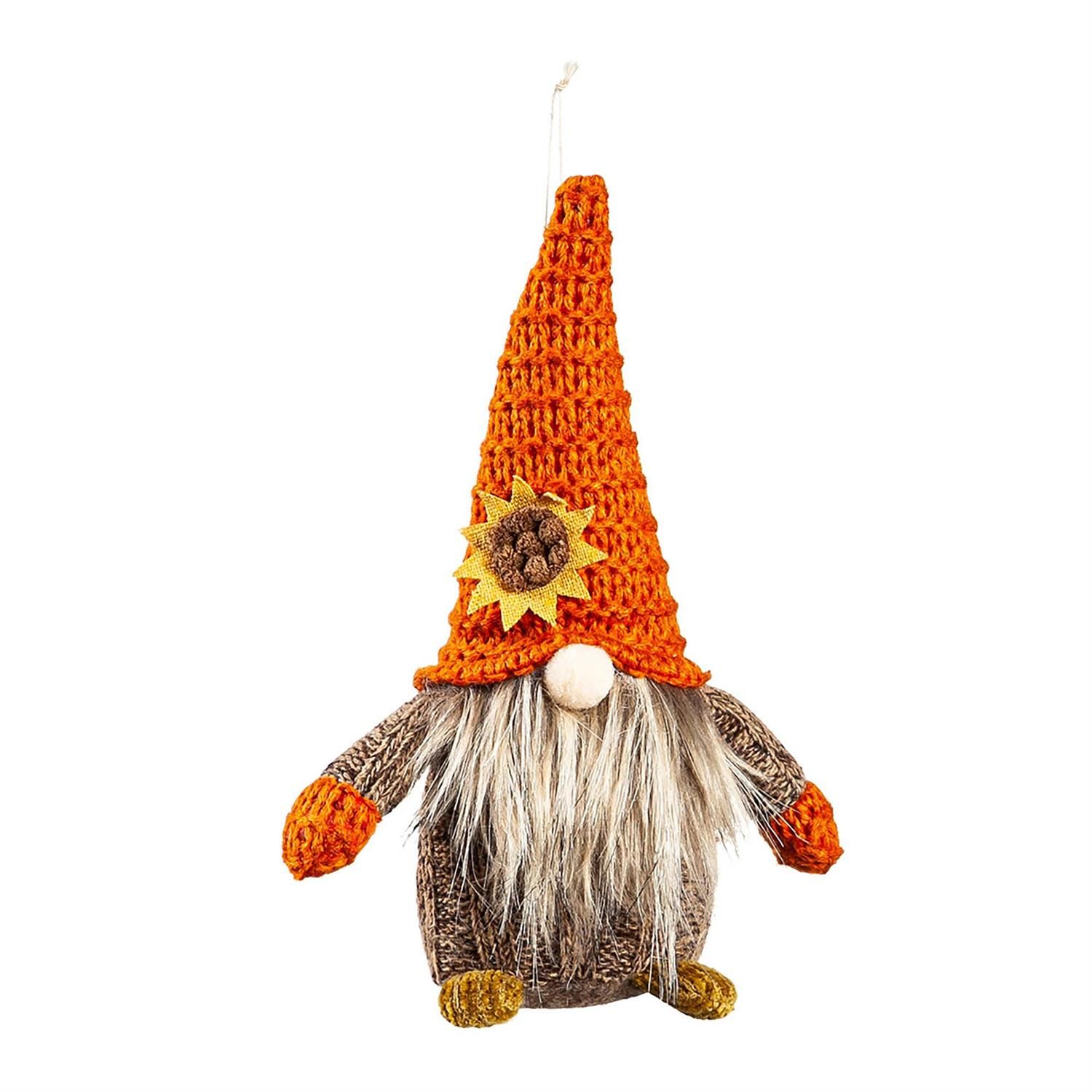 Fabric Fall Gnome With Knit Sunflower Hat Hanging