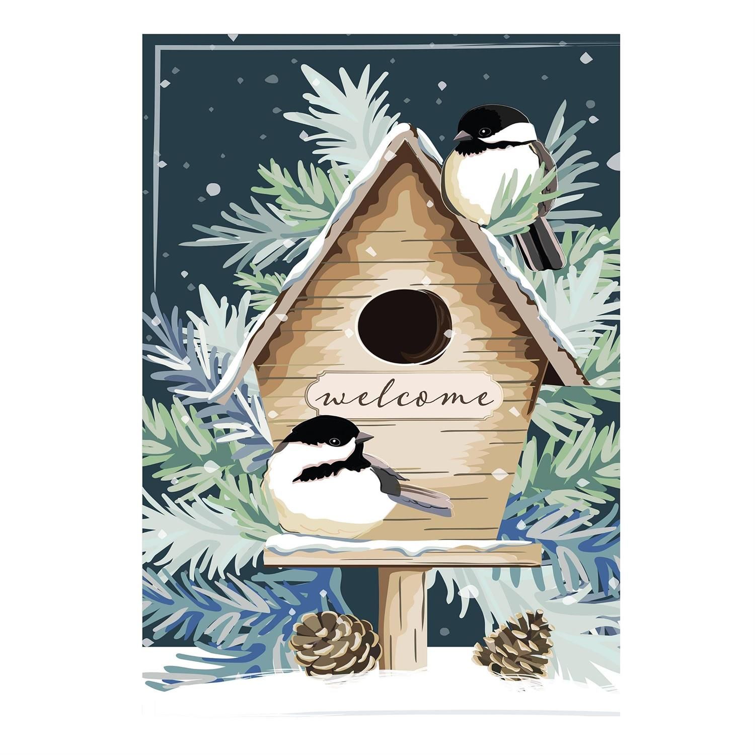 House Flag - Applique - Winter Birds Welcome